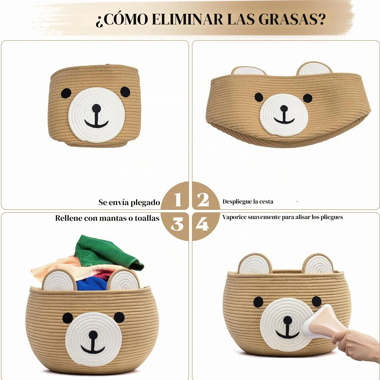 Cesta de almacenaje para niños con forma de oso cuerda de algodón organizador suave habitación infantil