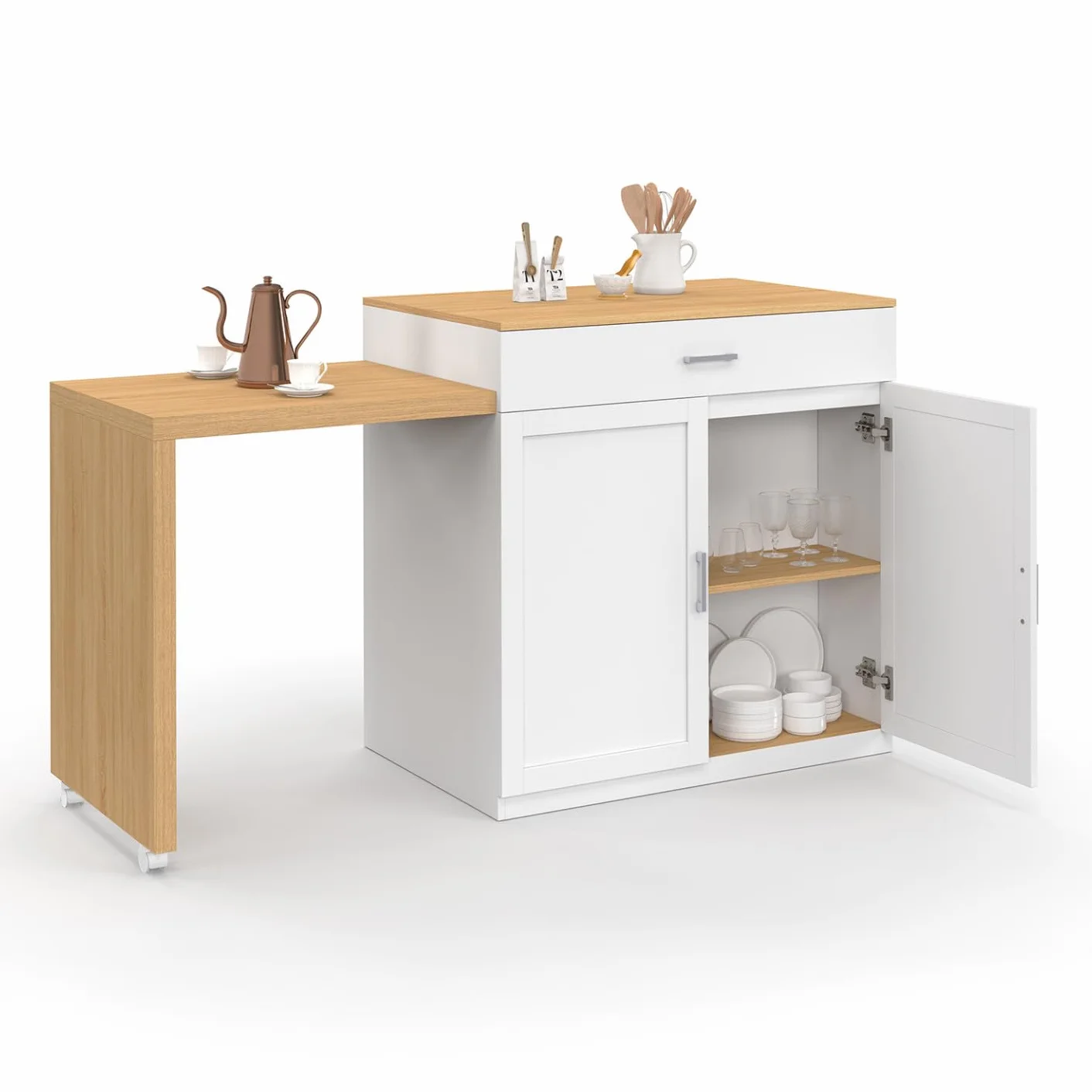 IDMarket - Isla Central VITO 94-155 cm Madera Blanca con Mesa de Comedor Extensible Integrada estilo Haya
