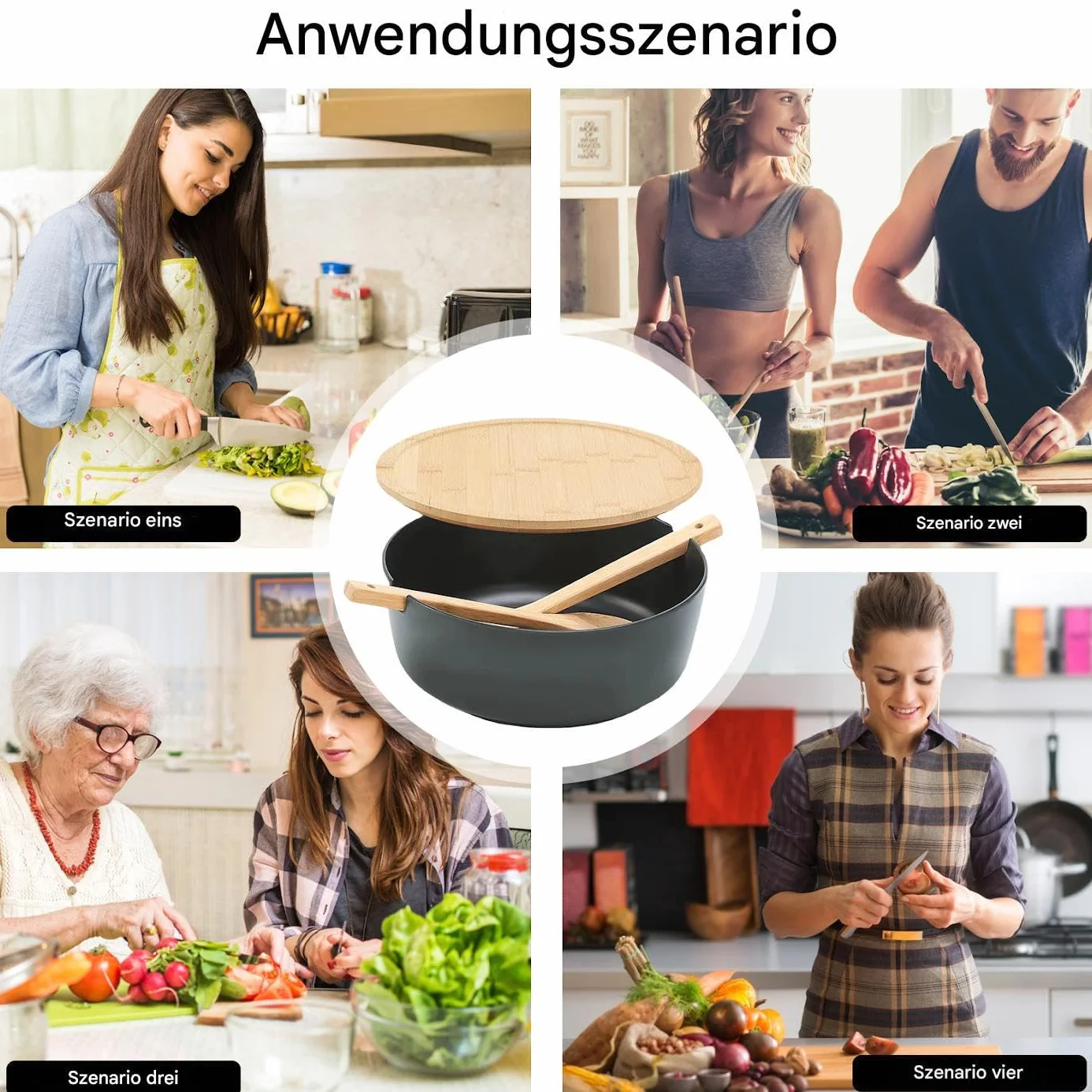 Ensaladera Grande Ensaladeras De Madera Vajilla Cuchara Tenedor | Boles Grandes para Ensaladas y Comer Verduras Pasta Cereal Fideos Preparación Comidas Cocinar Casa Camping Barbacoa