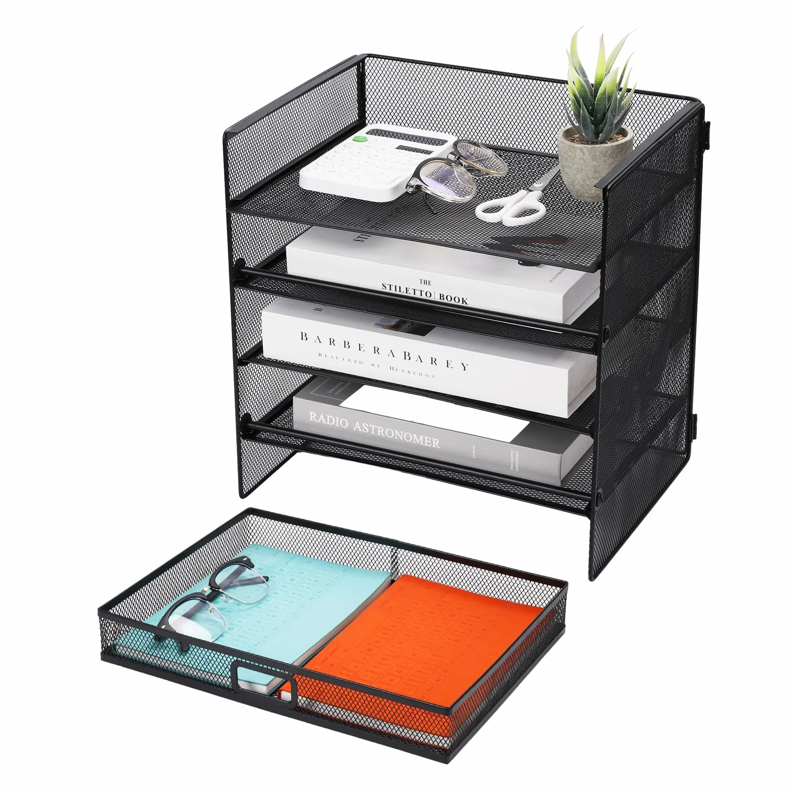 Cinnani Organizador de escritorio,bandeja de papel de 5 niveles con cajón, organizador de compartimentos de almacenamiento con carpetas,cartas,papel,bandeja organizadora de escritorio de metal (negro)
