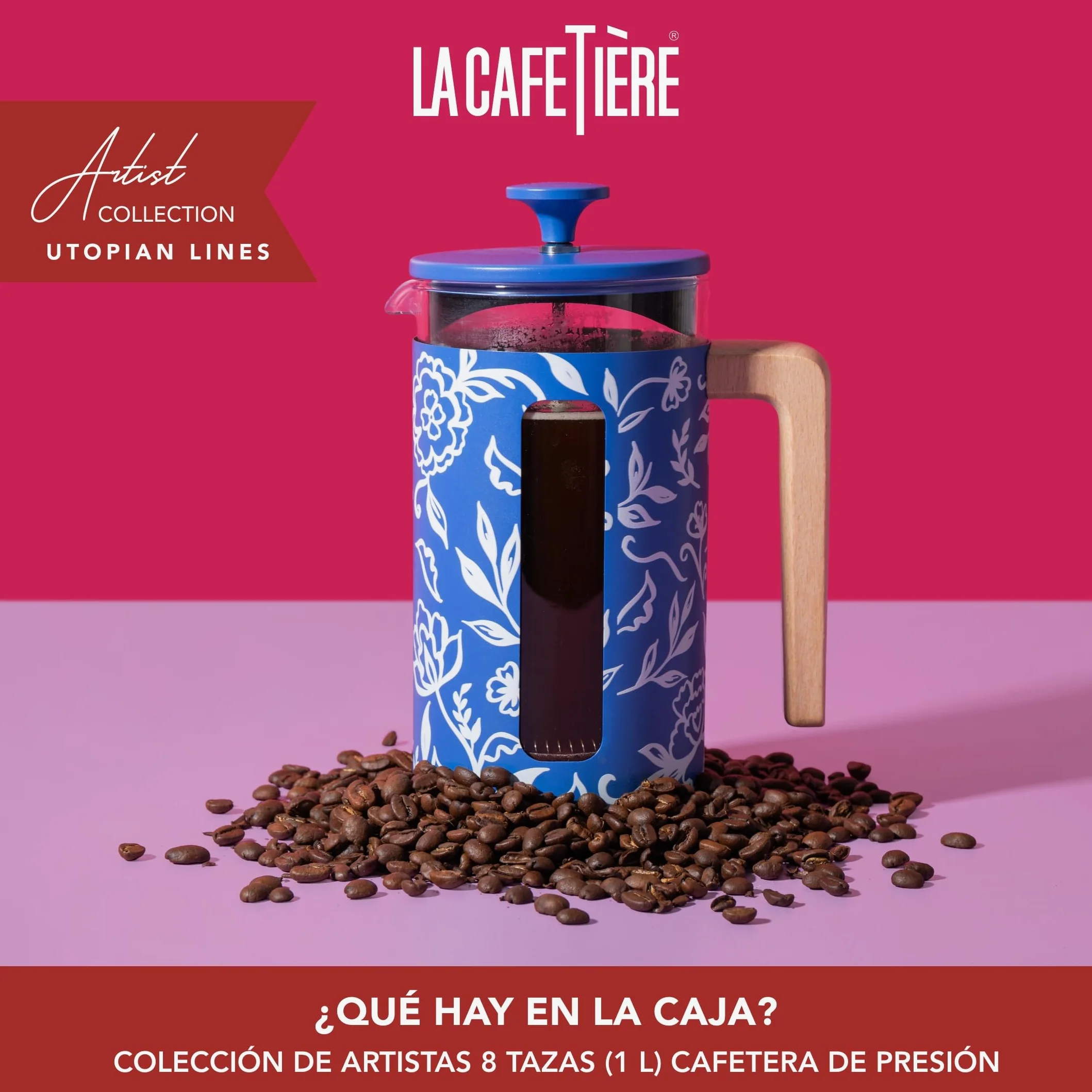 La Cafetière Pisa - Cafetera grande de prensa francesa de 8 tazas con diseño floral, cerámica resistente al calor de 1 L con émbolo de fácil agarre, ideal para té suelto y café molido, Blu Fiorato