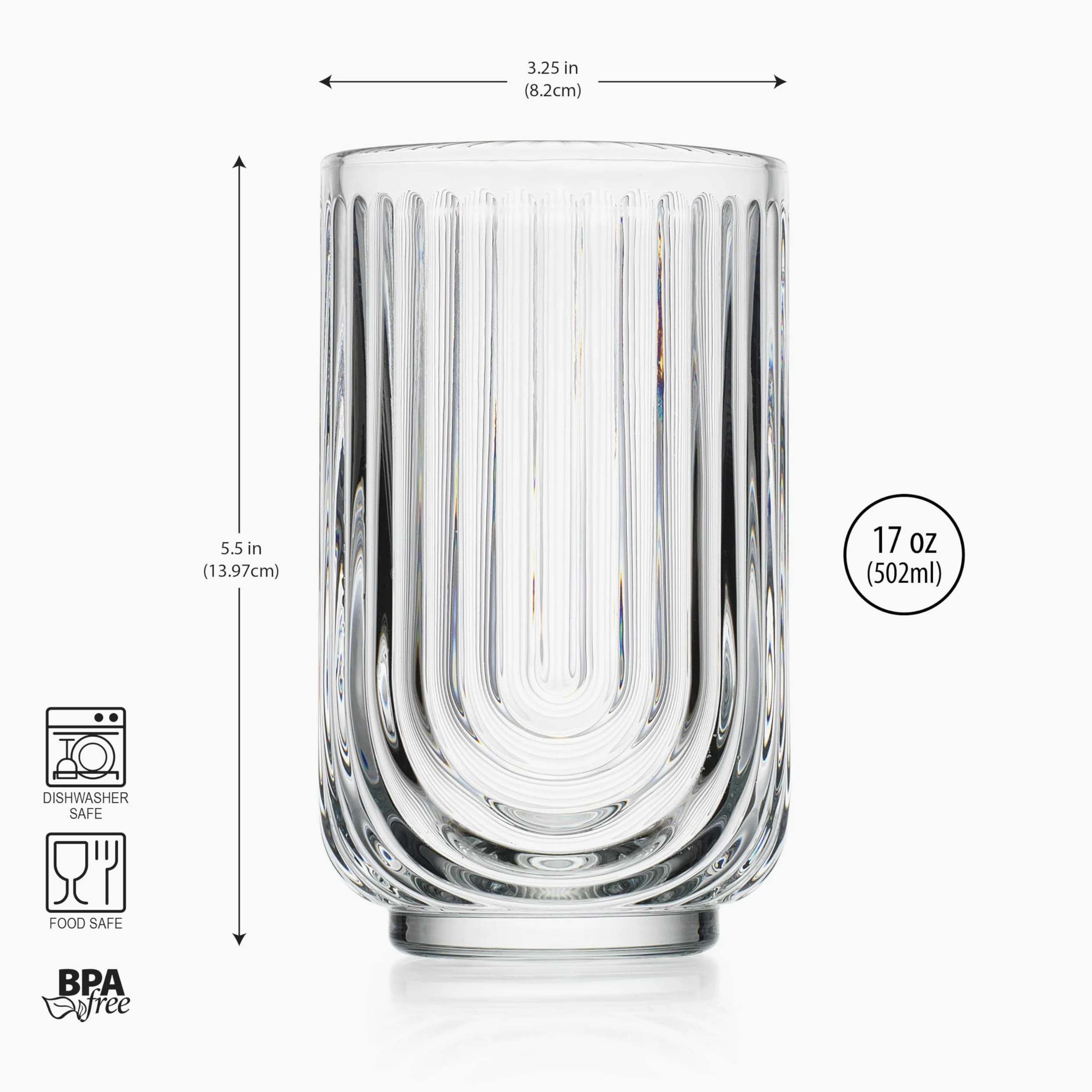 Glaver's Juego de 8 vasos de 17 onzas, vasos de cóctel ondulados, vasos acanalados, vasos de vidrio Highball. Cristalería Art Deco con diseño de arco para agua, jugo, café.