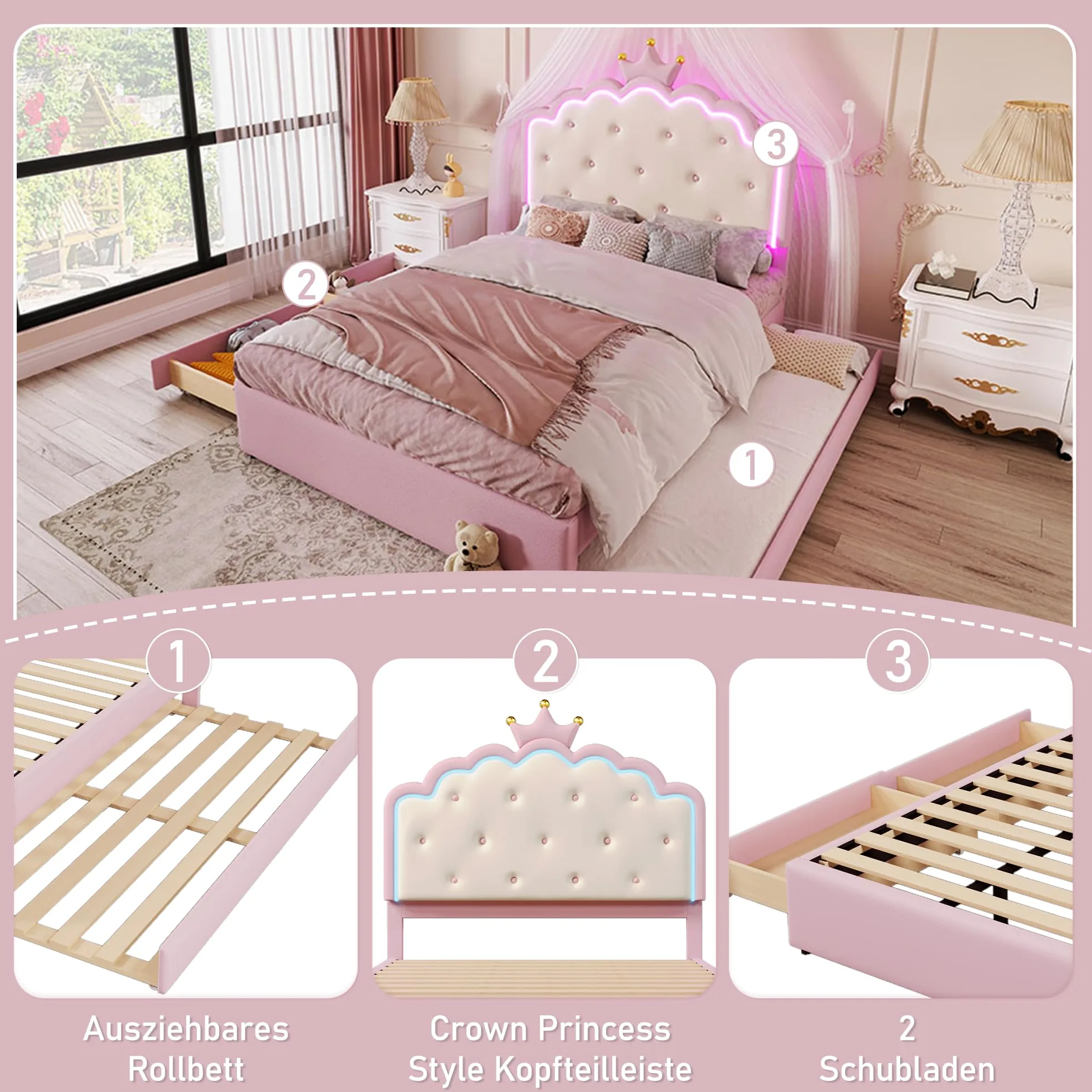 Soweiz Cama tapizada, 140 x 200 cm, cama nido con 2 cajones, con somier (sin colchón), iluminación ambiental con mando a distancia, diseño de princesa heredera, material PU, color rosa