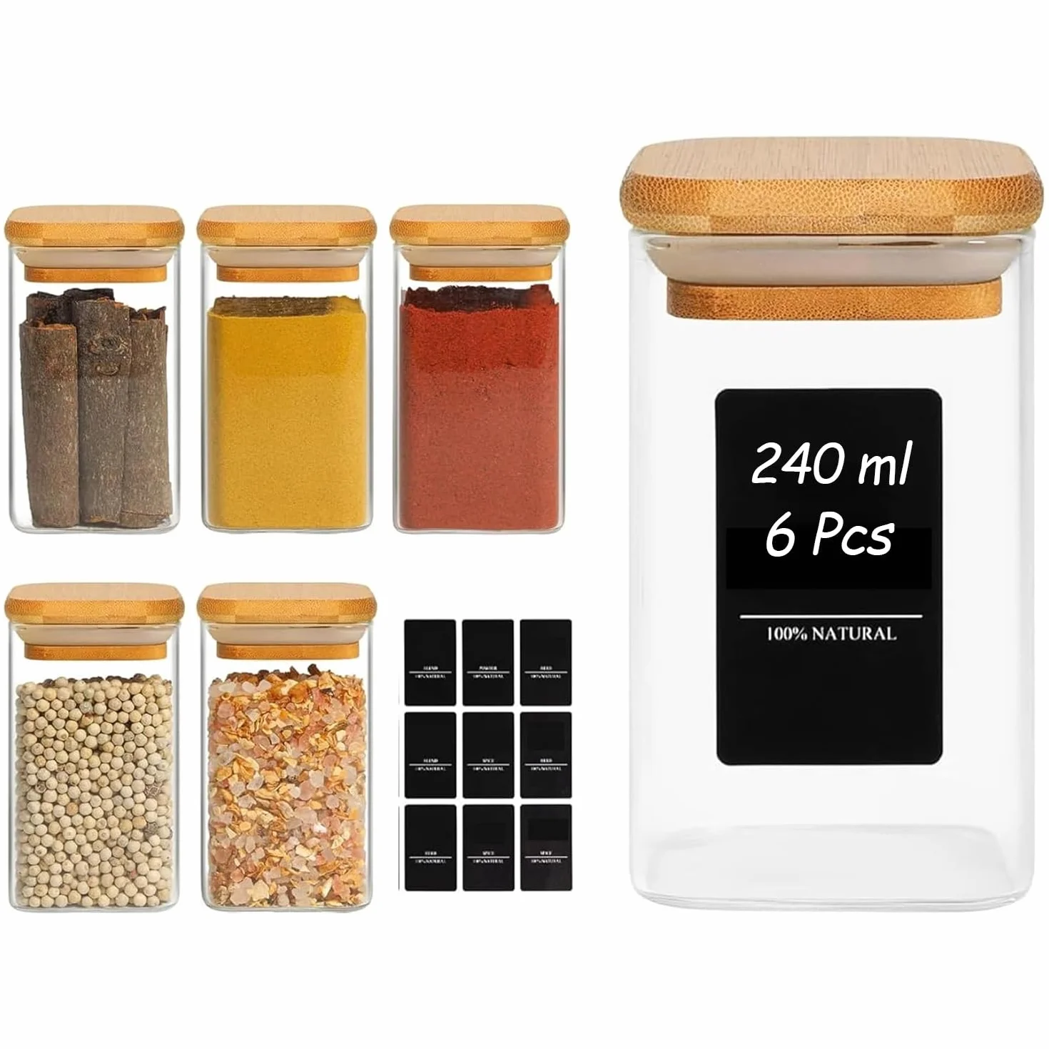 ComSaf 6 tarros de especias de vidrio de 240 ml con tapas y etiqueta, botella de especias de vidrio con tapas de bambú, juego complementario, recipiente pequeño para especias, perfecto para