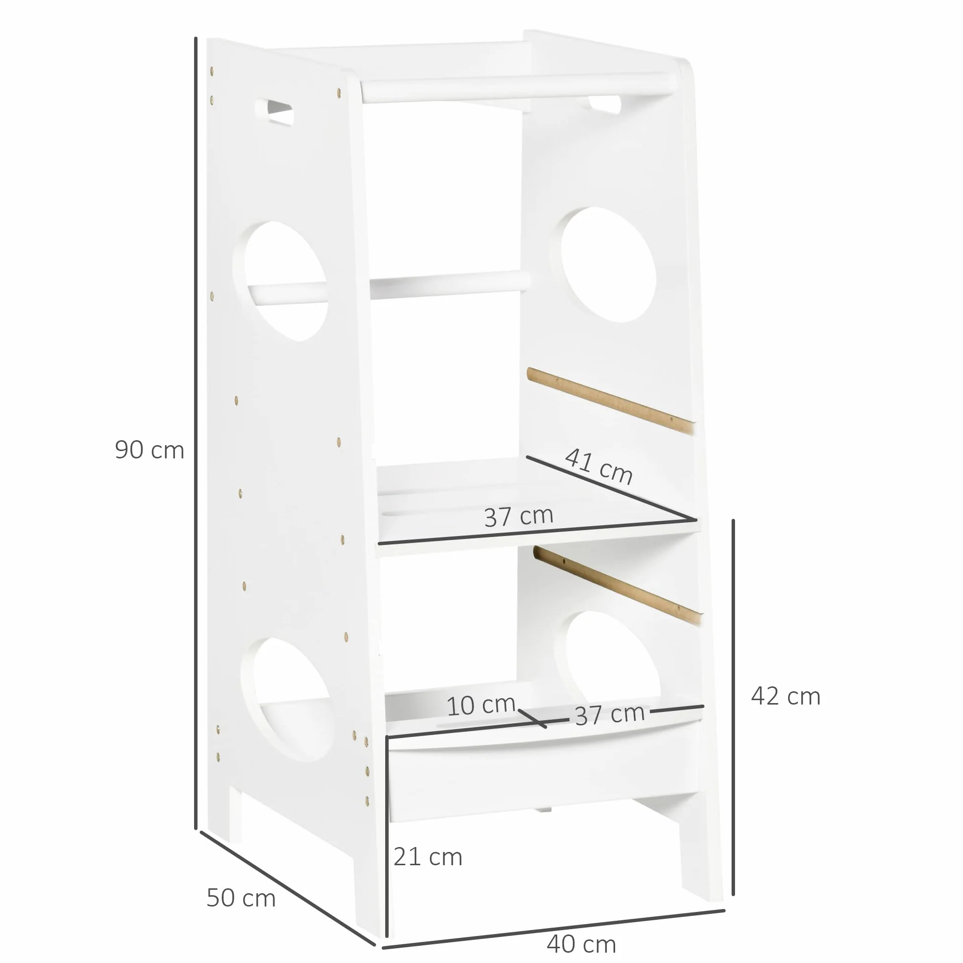 HOMCOM Torre de Aprendizaje Madera Niños Taburete Cocina Infantil Altura Ajustable 3 Posiciones Barra Seguridad 40x50x90 cm Blanco