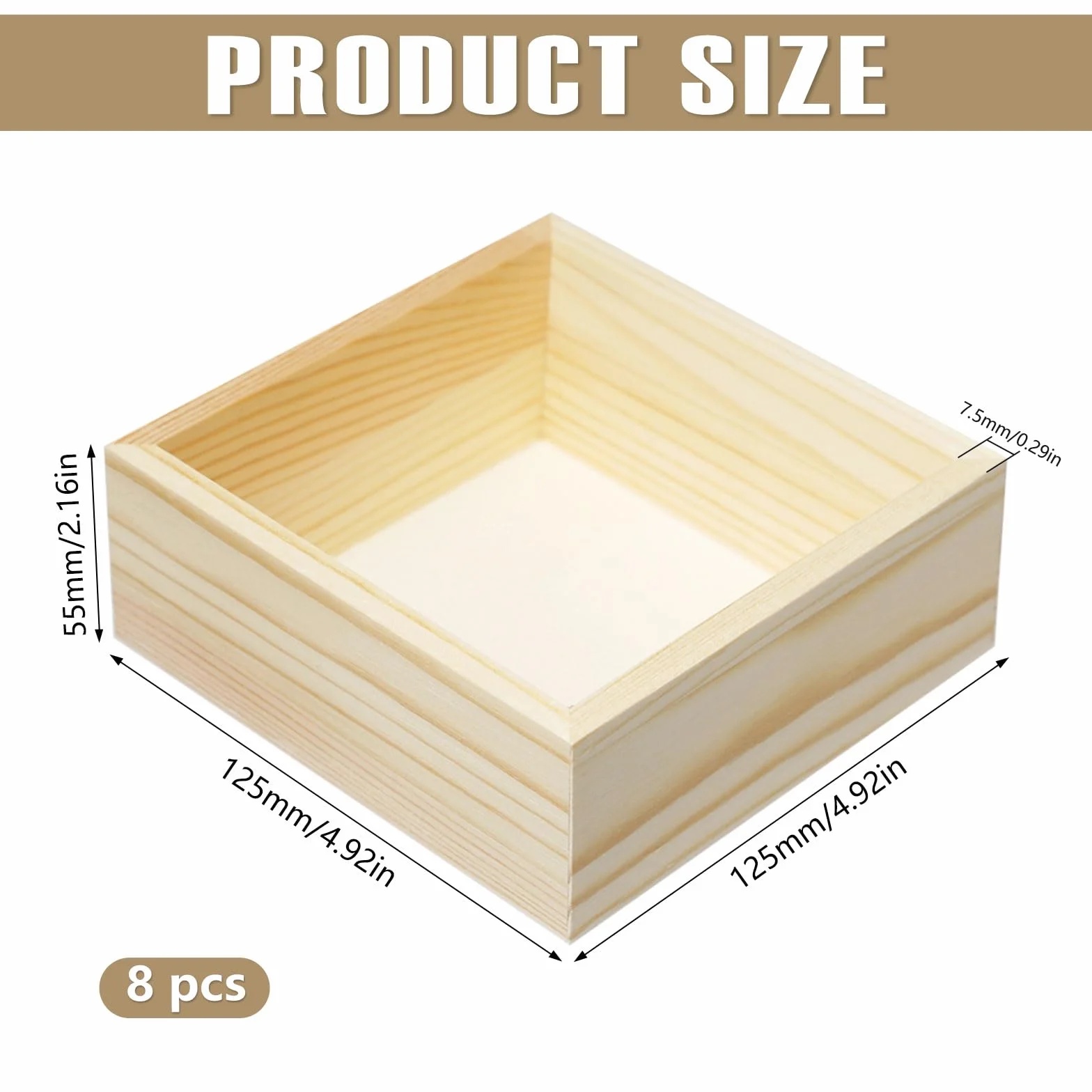 8 Piezas Cajas de Madera Pequeñas Sin Tapa 12x12x5 cm Caja de Madera Cuadrada Caja de madera Natural para Decoración del Hogar, Plantas, Artesanía
