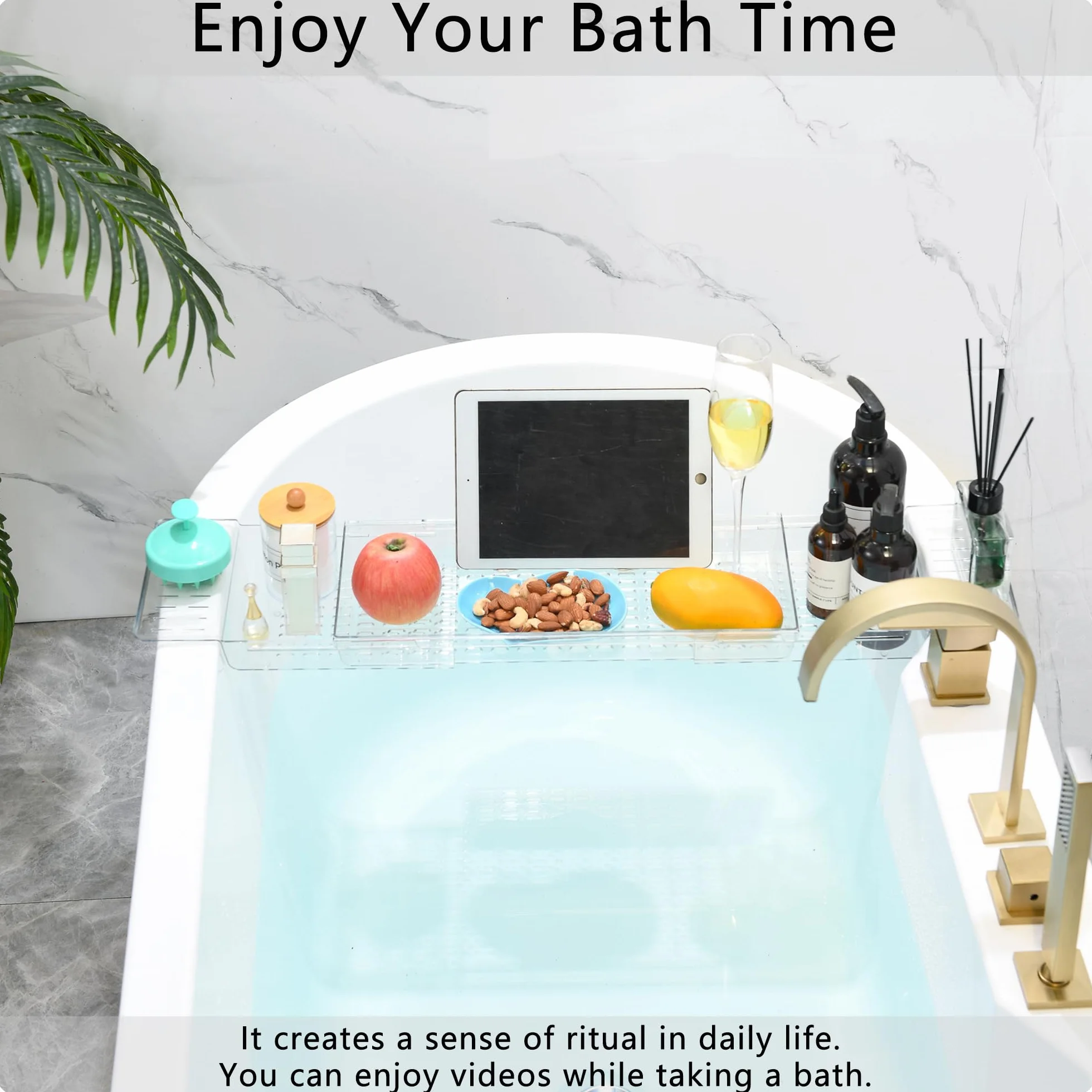 Bandeja para Bañera Acrílica Extensible - Estante Ajustable para Bañera para Copa de Vino, Velas, Libros y Productos de Baño - Organizador de Baño Resistente al Agua - Transparente