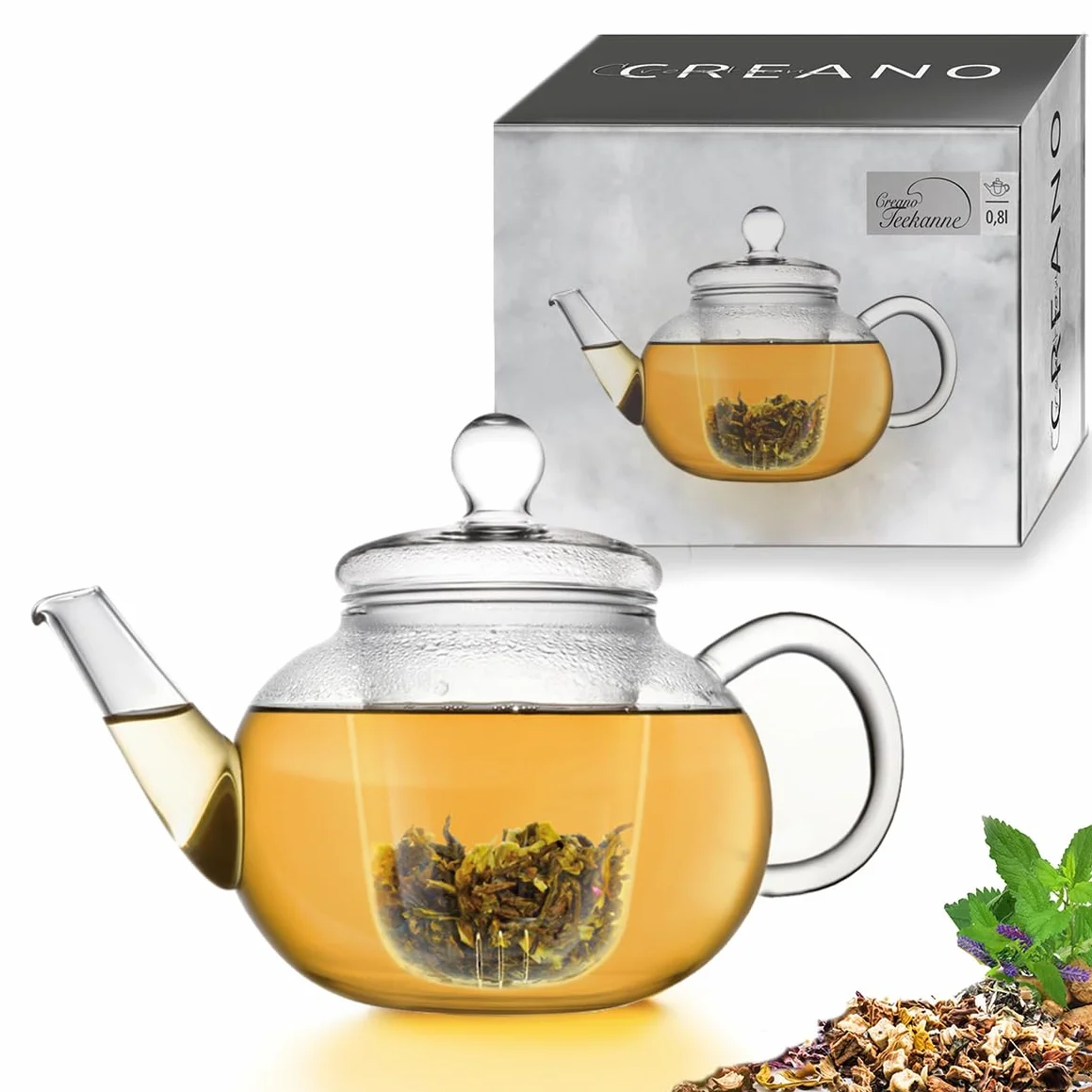 Creano Tetera de Vidrio Clásica 800ml con Filtro de Vidrio y Tapa de Cristal – Diseño Integral de Vidrio para una Infusión Pura y Natural