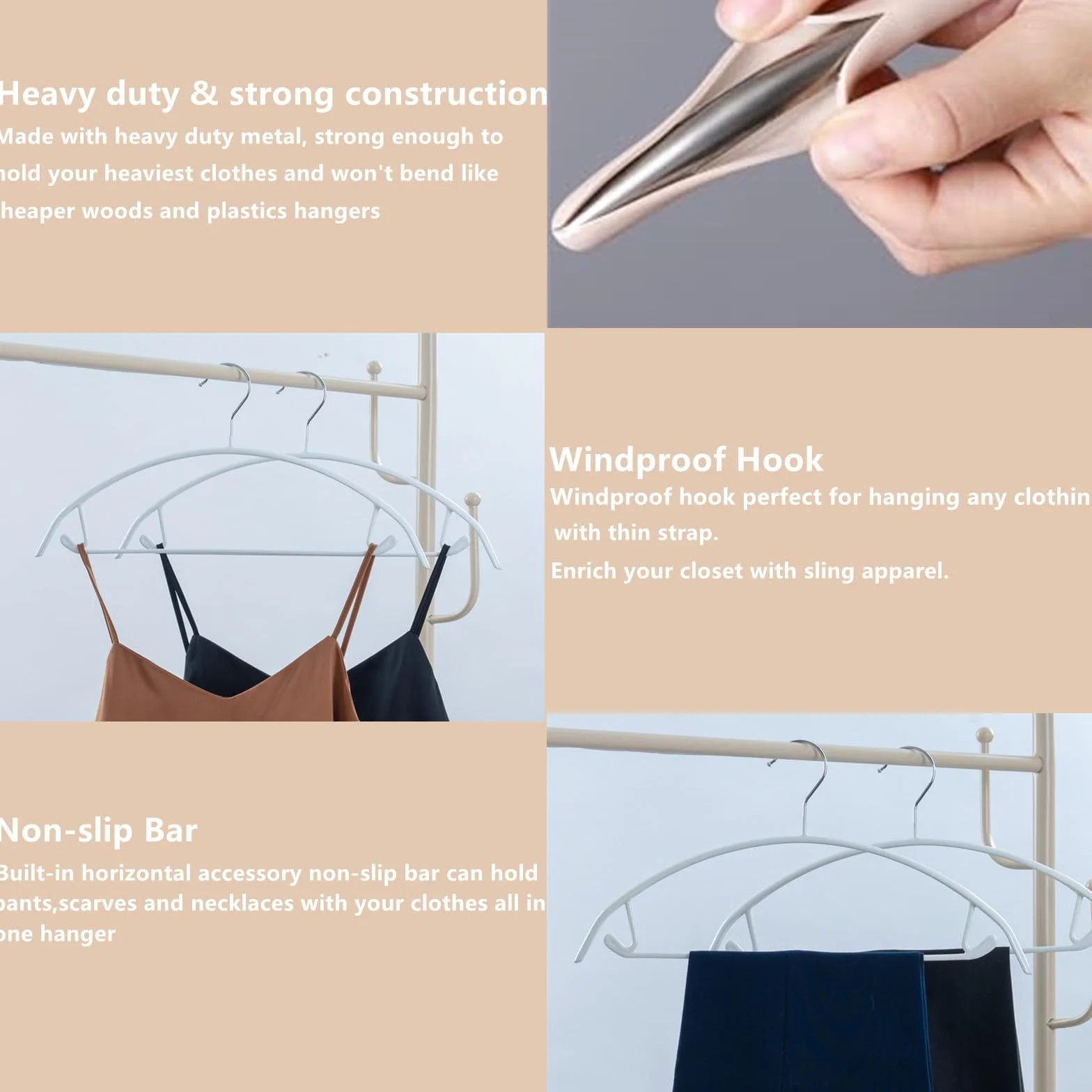 Contour - Percha de metal, 43 cm, revestimiento de goma antideslizante, diseño sin hombros para suéteres y trajes, incluye barra para pantalones, paquete de 20
