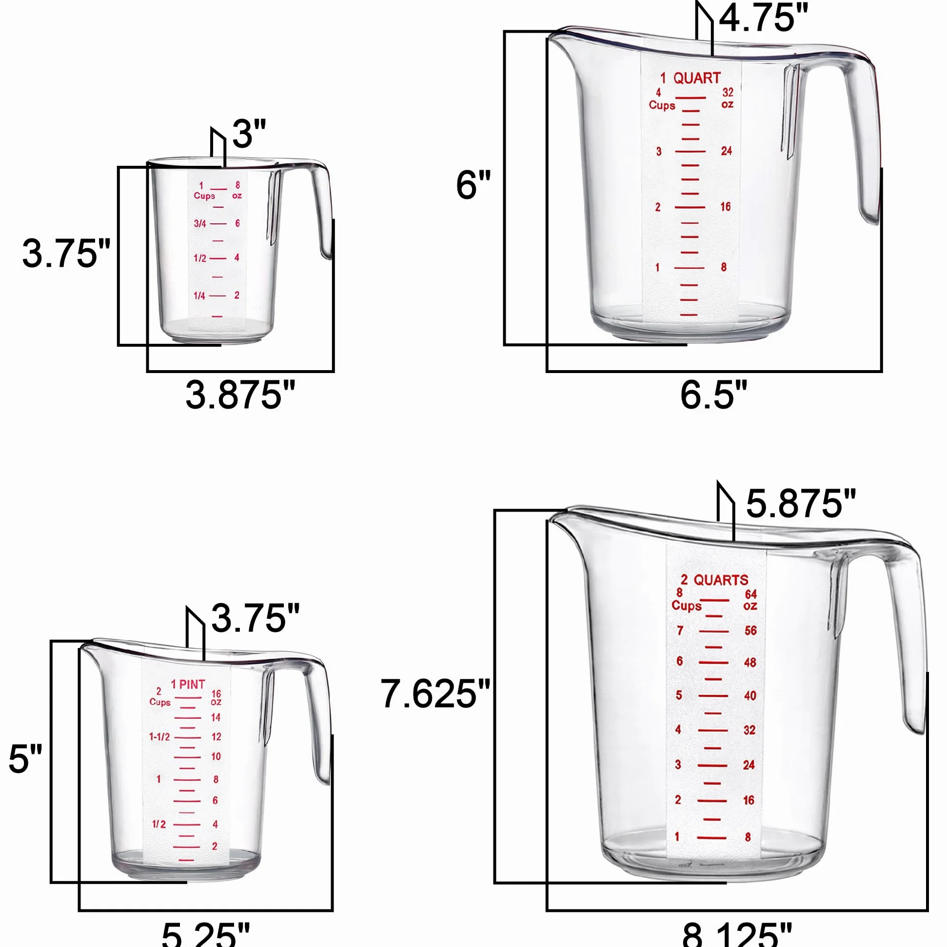 Amazing Abby - Melissa - Vasos medidores de plástico irrompibles (juego de 4 piezas), jarras medidoras de grado alimenticio, capacidad de 1/2/4/8 tazas, apilables y aptas para lavavajillas, ideal para