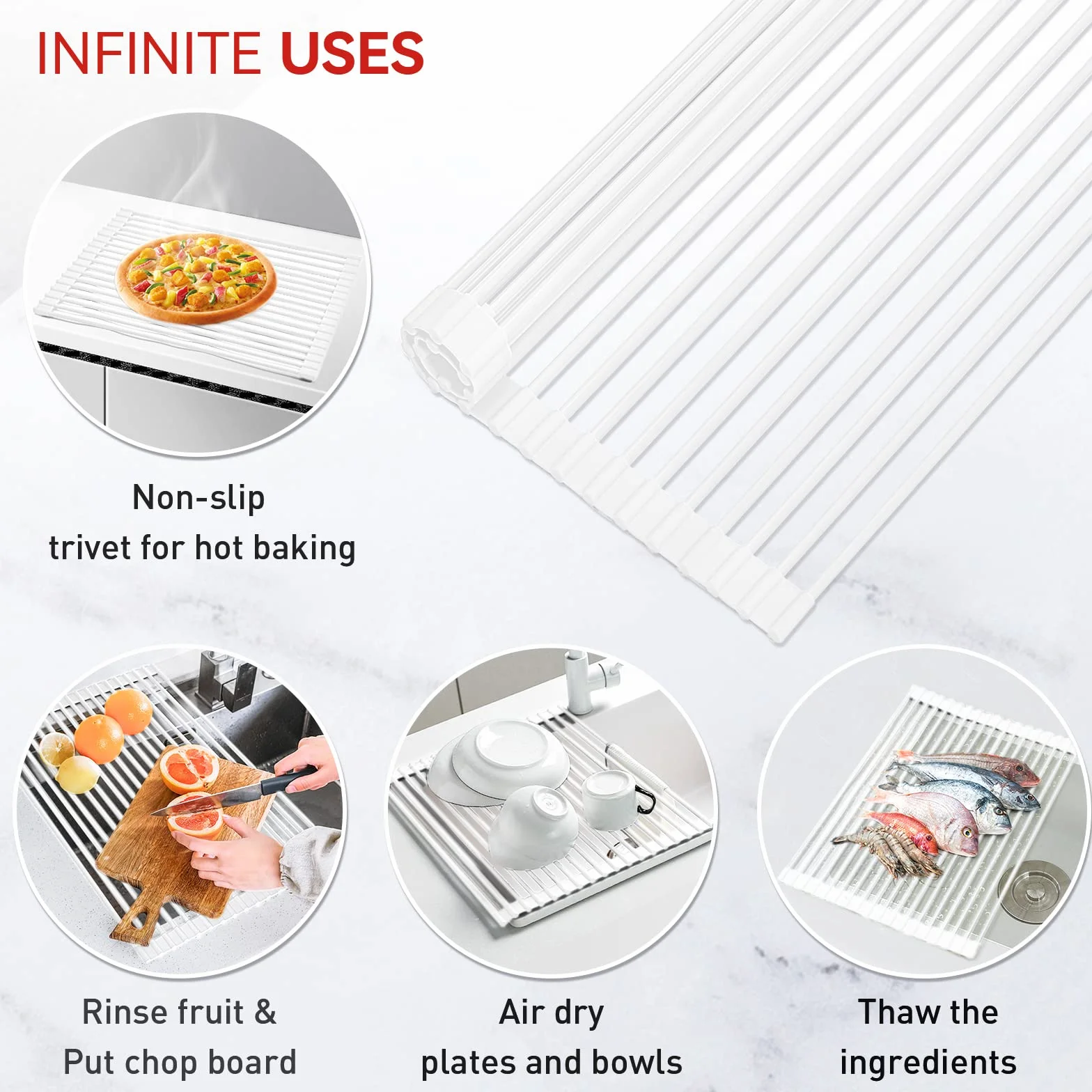 MERRYBOX Roll Up Over The Sink Dish Drying Rack Silicone Wrapped Foldable, Heat-Resistant, Anti-Slip Sink Rack Multipurpose Dish Drainer for Kitchen Sink Counter - White, 17.5" x 11"