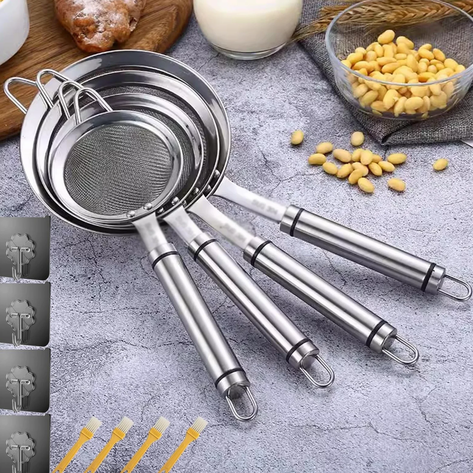 Juego de 4 coladores de acero inoxidable para cocina, 8,5/10/12/14 cm, con mango reforzado para cocinar, quinua, harina, arroz