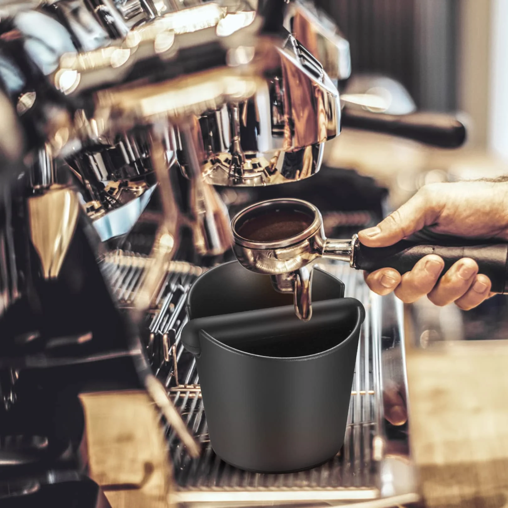 Caja para Posos de Café, Café Knock Box, Café Molido Recipiente, Cajon para Posos de Café Barista Plástico Negro con Barra de Golpe de Metal Extraíble