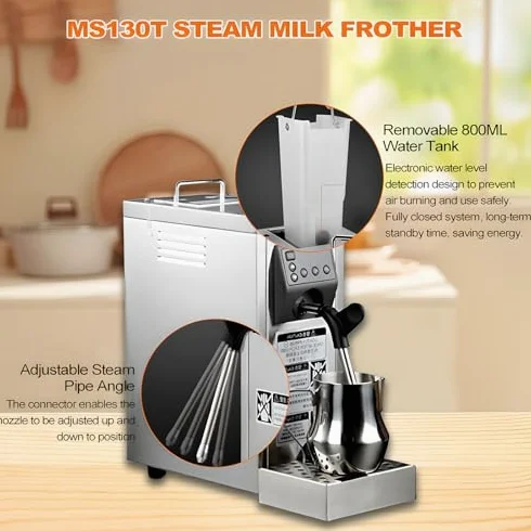 Genérico 1450W Electric Milk Frother Steamer, 800ML Tank & 500ML Jug, Auto Clean, Adjustable Nozzle, Stainless Steel Foam Maker for Cafe, Barista Coffee, Hot Chocolate, Tea Shop Use