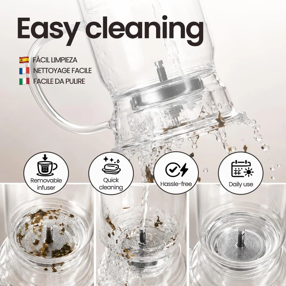 Tetera con Infusor 350 ml, Vidrio – Tetera Cristal para Infusiones y Té a Granel, Infusor con Flujo hacia Abajo – Ideal Infusión Fría o Caliente, Sin Residuos – Regalo Original