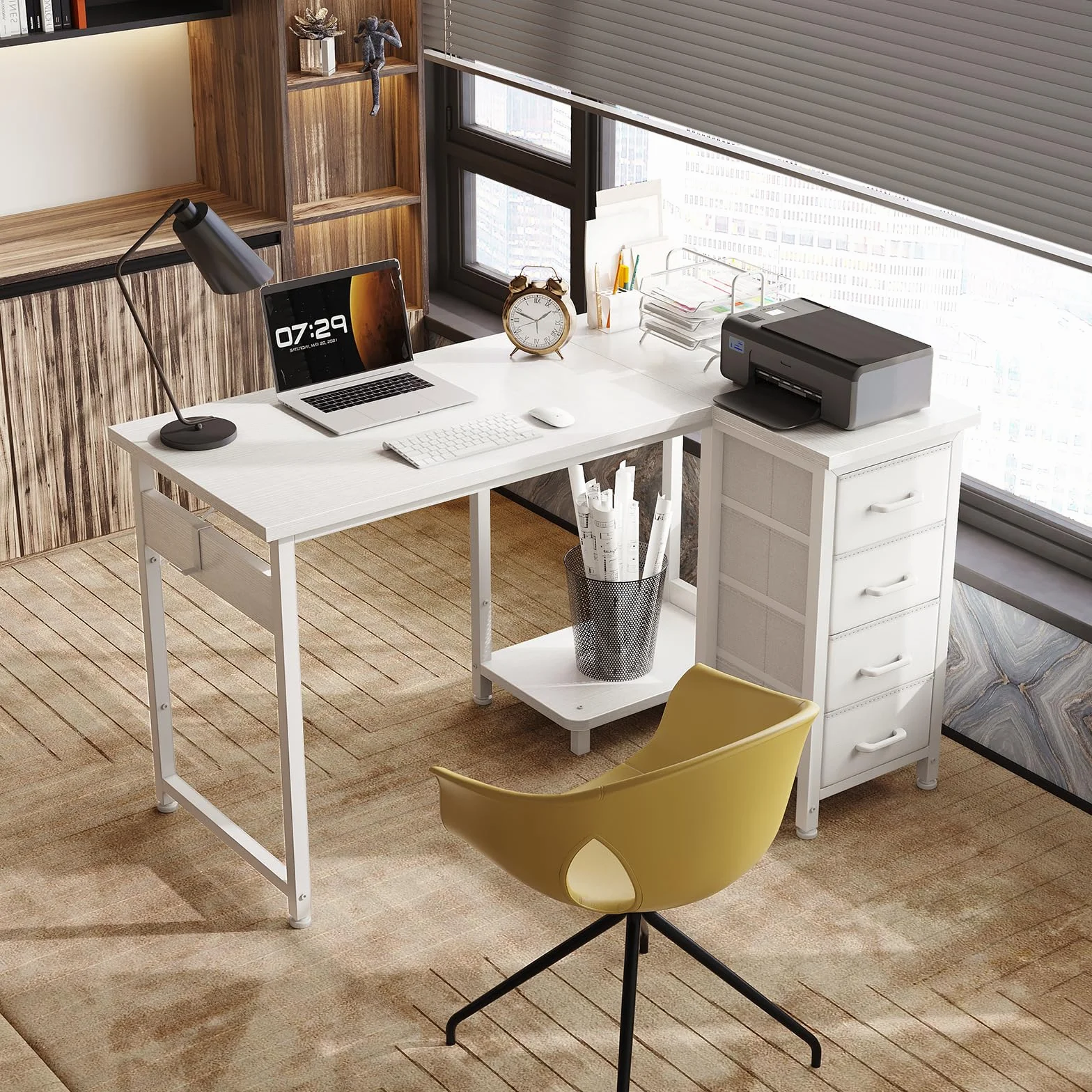 Coleshome Escritorio Esquinero con 4 Cajones de Tela, 100x70cm Escritorio en L Reversible con Almacenamiento y Estanteria, Mesa Escritorio para Oficina en Casa y Dormitorio, Blanco