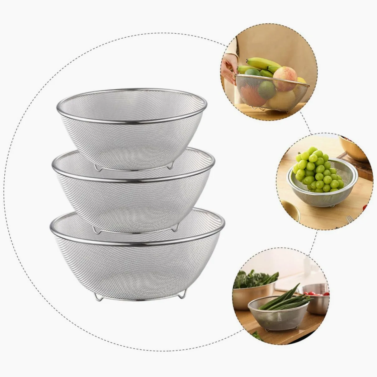 1juego Coladores De Inoxidable Malla Fina Para Verduras y Arroz Escurridor De Cocina Resistente y Práctico Para Uso Diario
