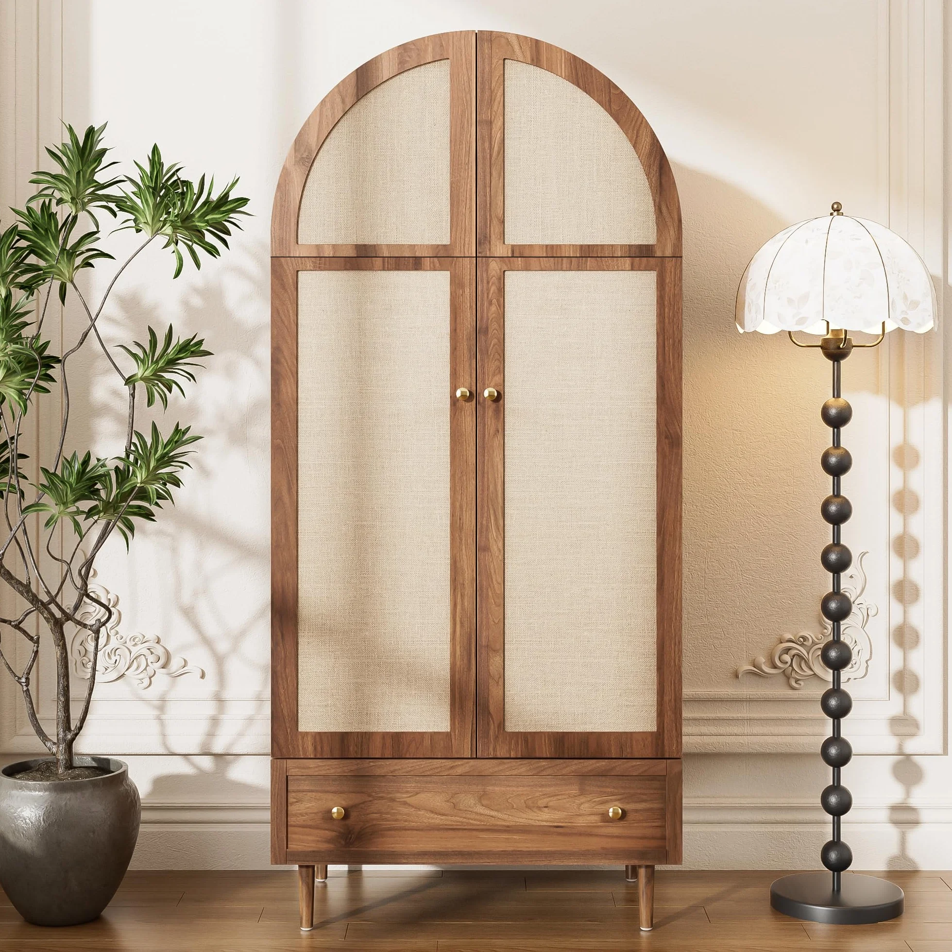 Elegante armario con puertas de tela y cajón, patas de madera sólidas, práctico espacio de almacenamiento para ropa y accesorios, ideal para dormitorio, habitación de invitados o vestidor