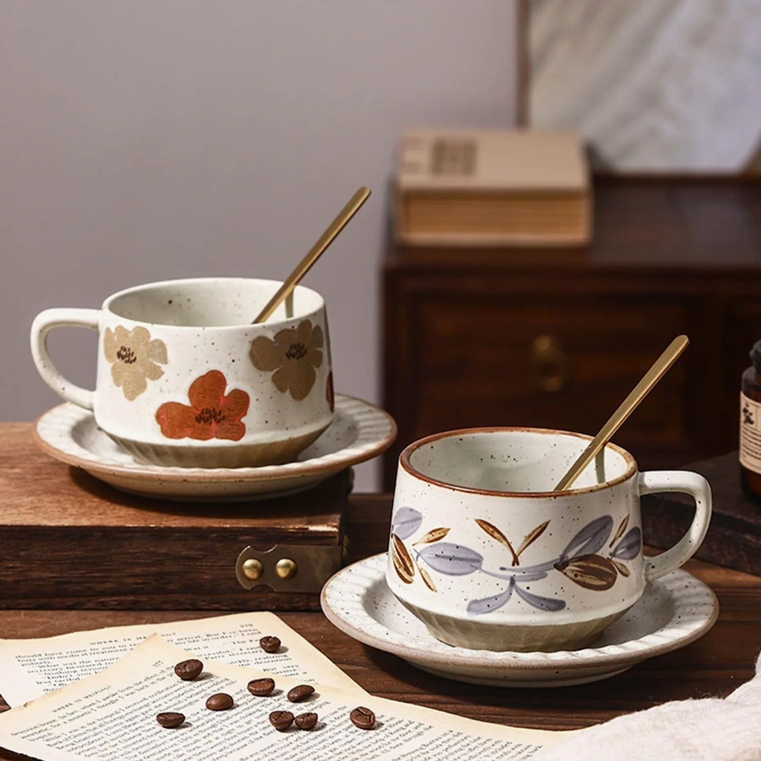 Tazas de cerámica Juego de taza café/té cerámica con diseño vintage hierba y flores, platillo cuchara, 300 ml Taza de café