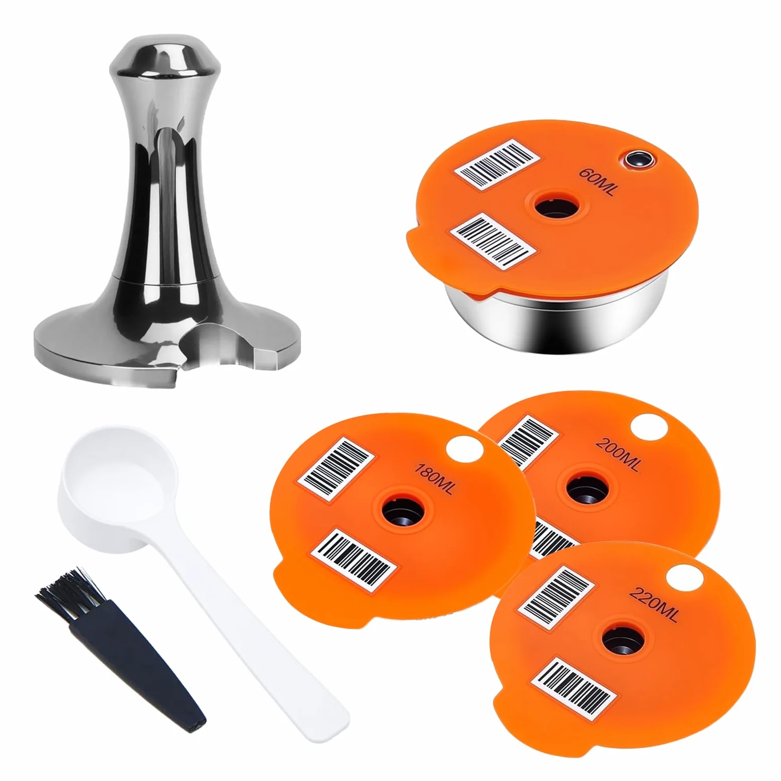 Cápsulas de café reutilizables para Tassimo, cápsulas de café de acero inoxidable con manipulación de café y 4 tapas de silicona (220 ml/200 ml/180 ml/60 ml), cápsulas de café recargables compatibles