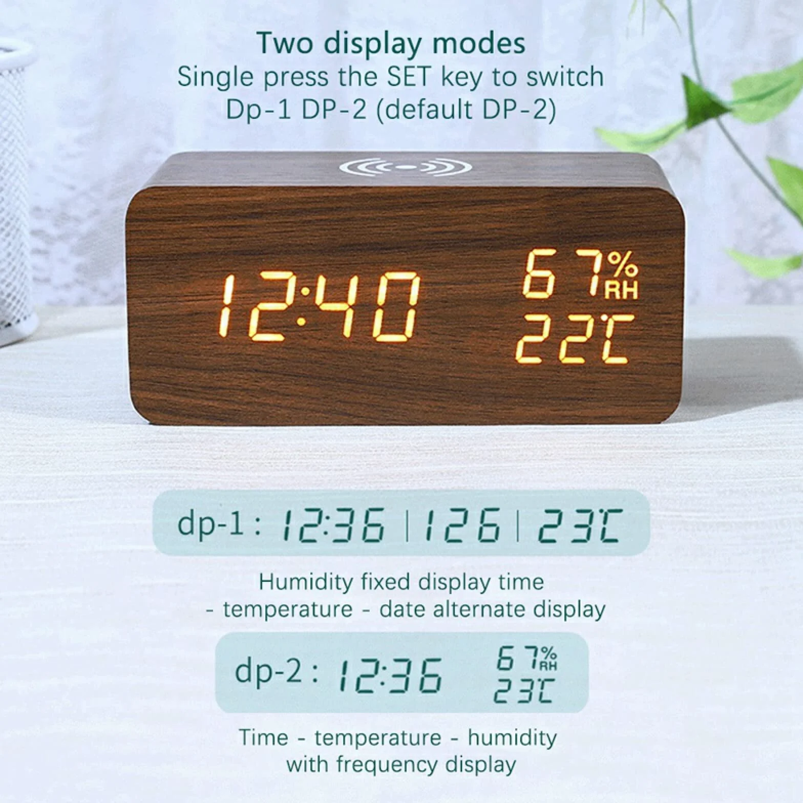 Reloj Electrónico LED Cargador Inalámbrico Reloj Despertador Inteligente Pantalla De Temperatura Y Humedad Reloj Despertador Digital Reloj con Control De Voz,Blanco