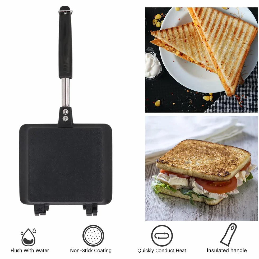 Sartén Antiadherente de Doble Cara, Sartén Multifunción Cuadrada de Cocina para Tortillas Sándwiches Tostadora de Desayuno para Acampar al aire libre, Sin PFOA