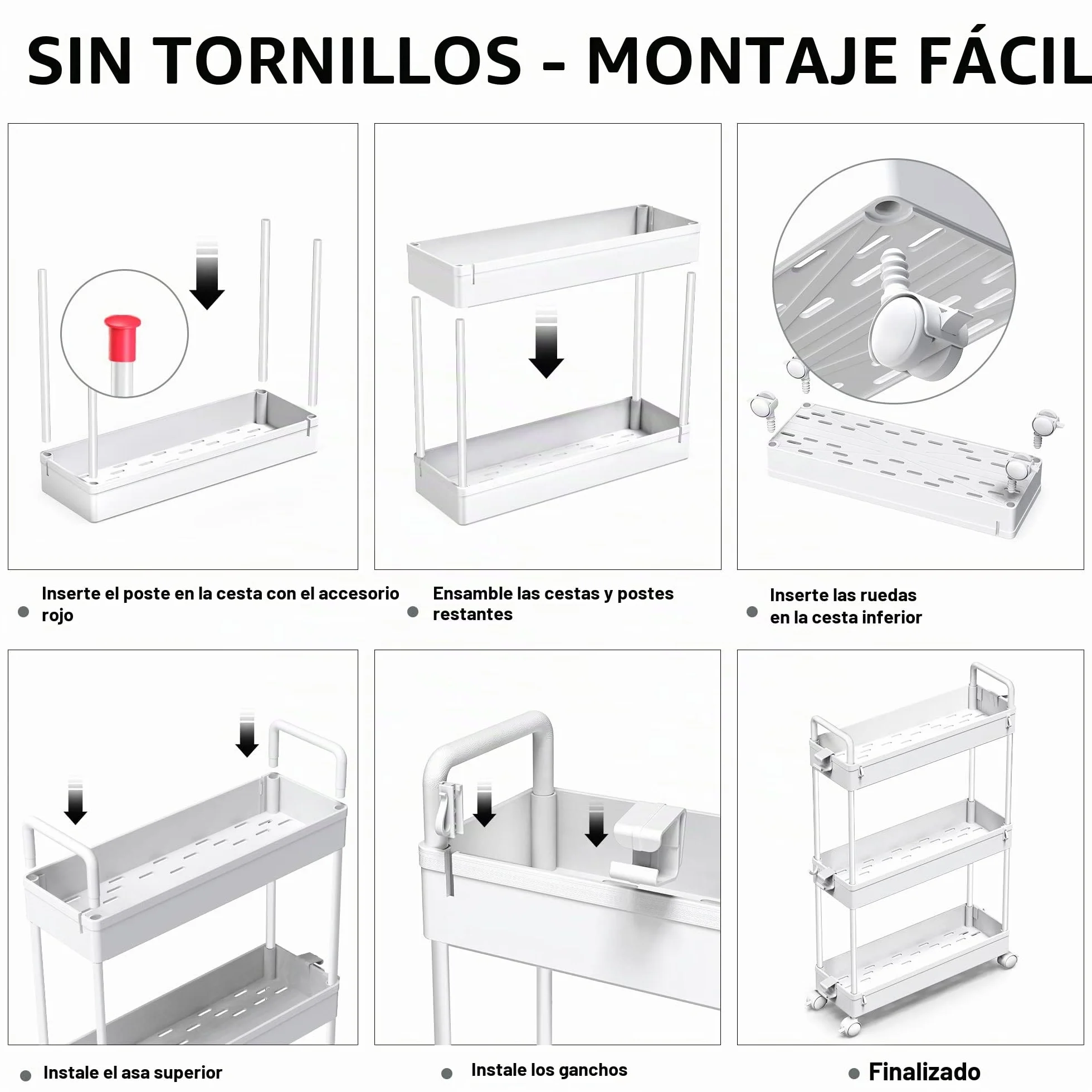 SOLEJAZZ Carro de Almacenamiento de 3 Niveles, Deslizante, Delgado, utilitario, Organizador de estantes de Almacenamiento móvil para Cocina, baño, lavandería, Lugares Estrechos, plástico, Blanco