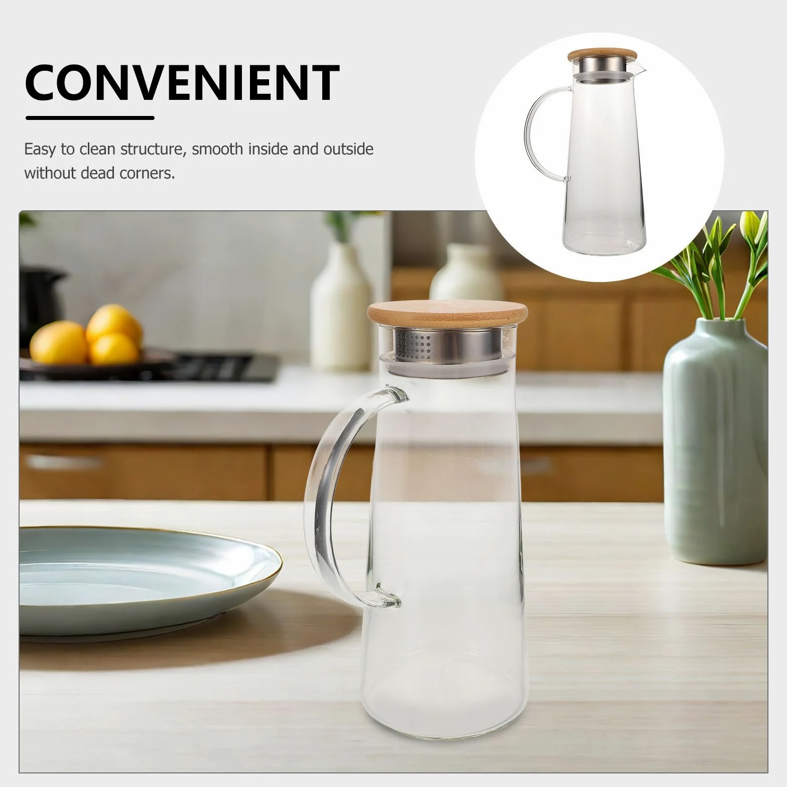 Jarra de Vidrio de Borosilicato para Jugo con Tapa Hermética | Capacidad de 3.8 Litros, Vertido Fácil y Limpieza Sencilla, Resistente al Calor, con Bambú y Acero Inoxidable