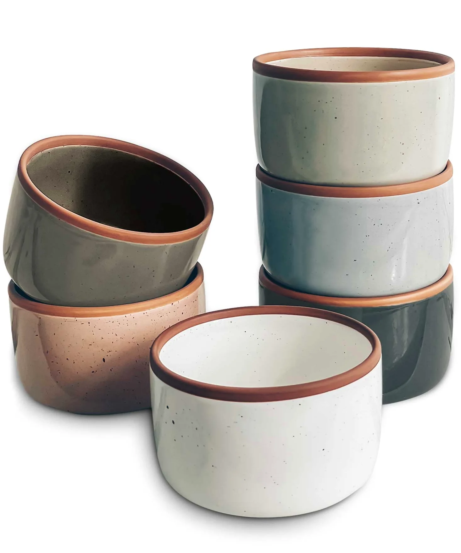 Mora Ceramic Ramekins - 4oz, Set of 6 - Small Oven Safe Baking Dishes/Cups - For Personal Pudding, Creme Brulee, Souffle, Serving Dip, Custard, Ice Cream - Single Mini Bowls - Assorted Neutrals