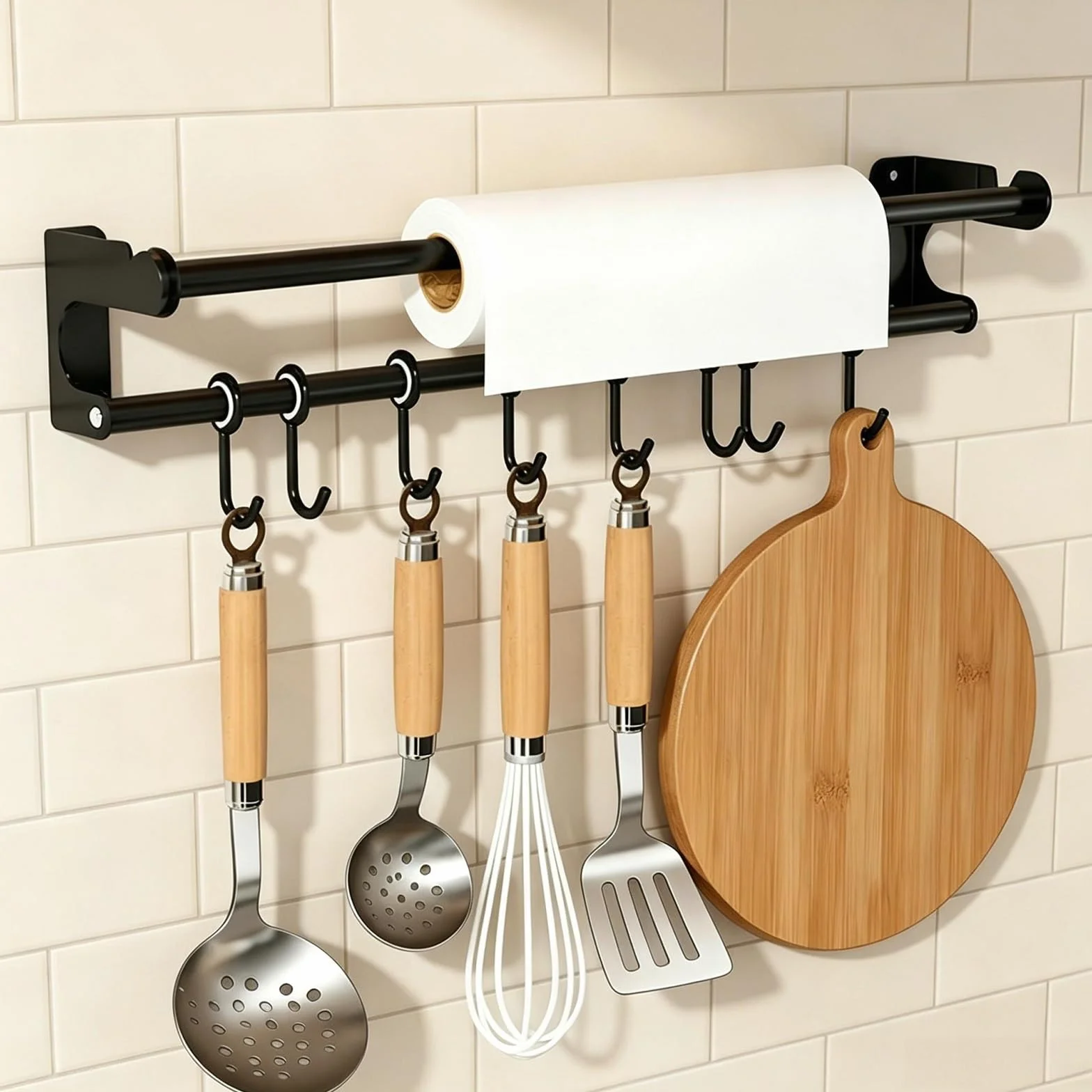PARFCO Barra Cocina Colgar Utensilios 50 cm, Barra Colgante de Cocina Negra con 8 Ganchos Extraíbles, Porta Utensilios de Cocina, para Espacio para Espátulas, Tablas y Cucharas