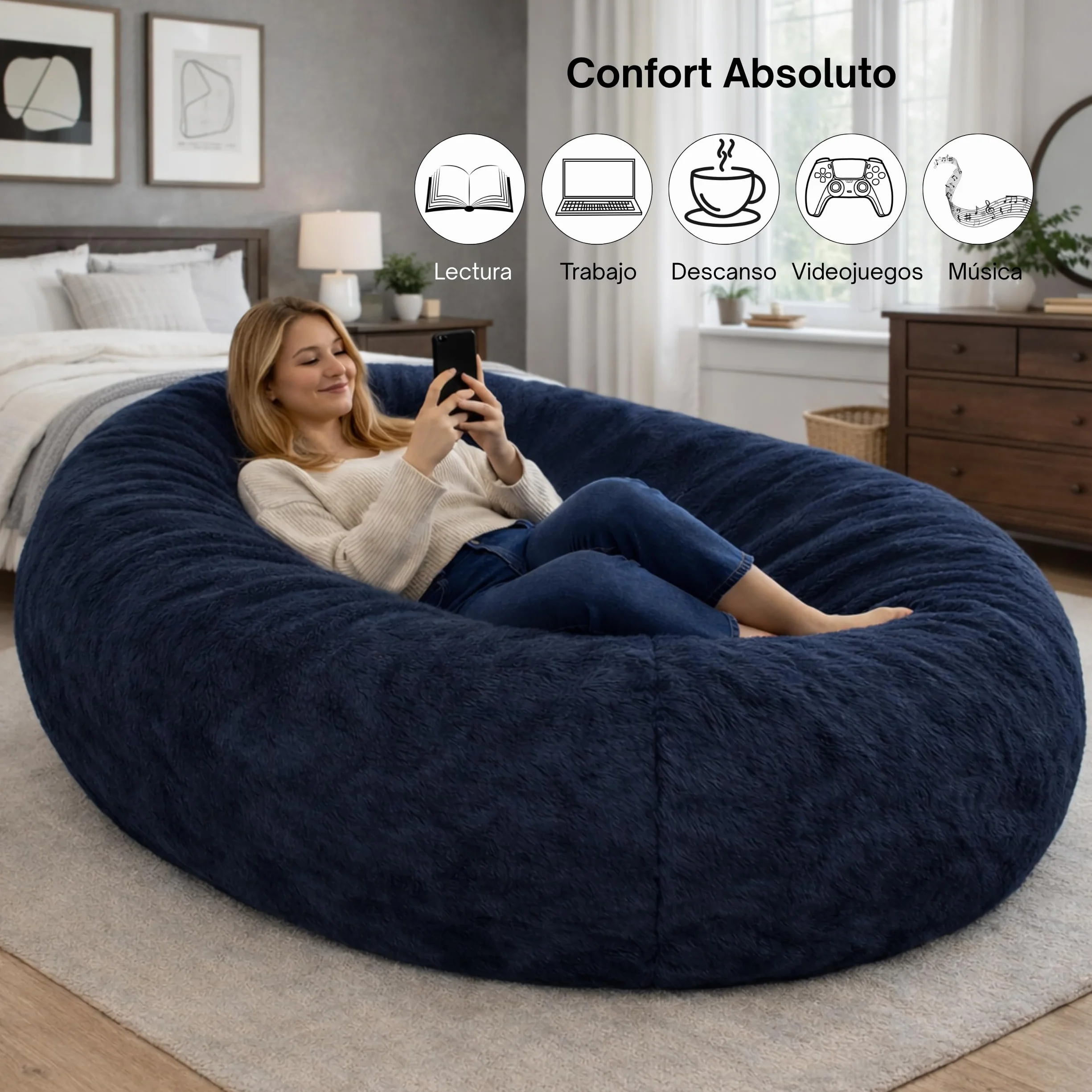 bananair - Puff Gigante XXL con Relleno de Espuma Incluído - Cómodo, Suave y Espacioso - Funda Desenfundable y Lavable - Bean Bag, Puff Cama Ideal para Relajarse (160 x 90 x 60 cm, Azul)