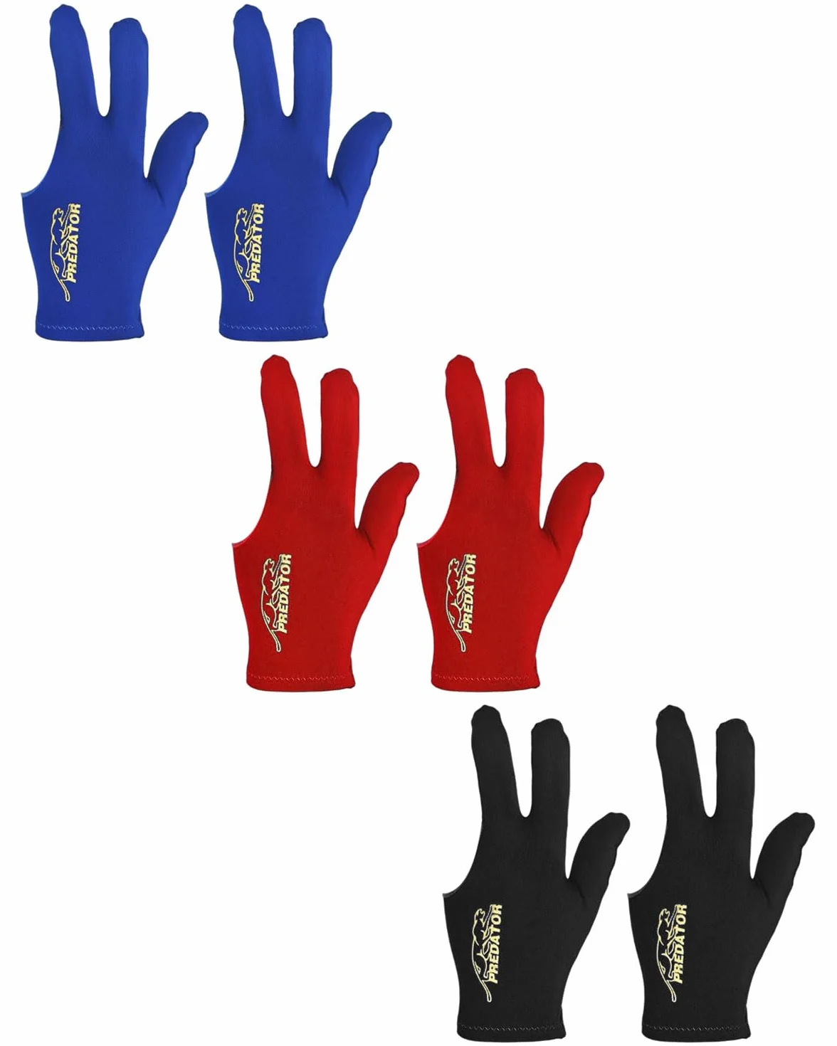 6 piezas Guantes de billar con 3 dedos, unisex, elásticos, para accesorios de billar(negro + azul + rojo)