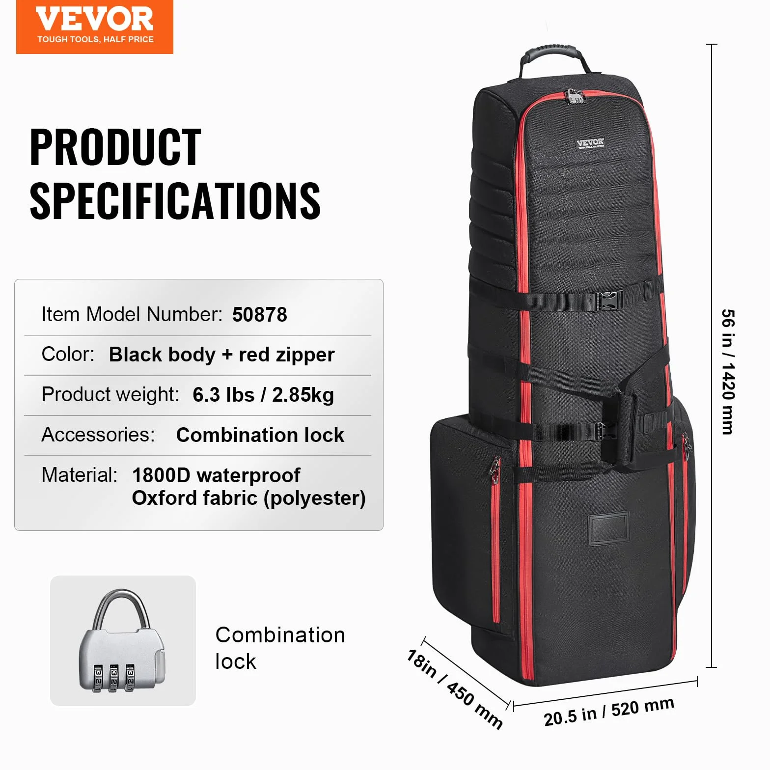 VEVOR Funda de Viaje de Golf Blanda, Poliéster Oxford 1800D, Resistente al Agua, Acolchada, con Ruedas, Plegable, 520 x 450 x 1420 mm