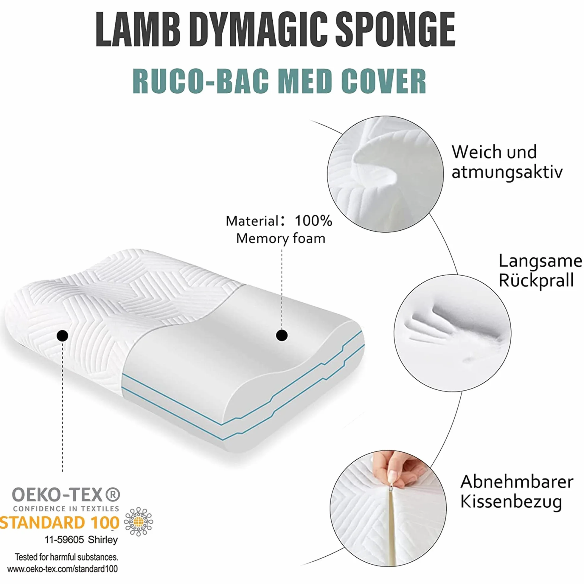 LAMB | Almohada Cervical | 60x35 cm | Almohada Viscoelastica | Altura Regulable | Almohada Ortopedica | Ergonómico | 12/10cm Hoch