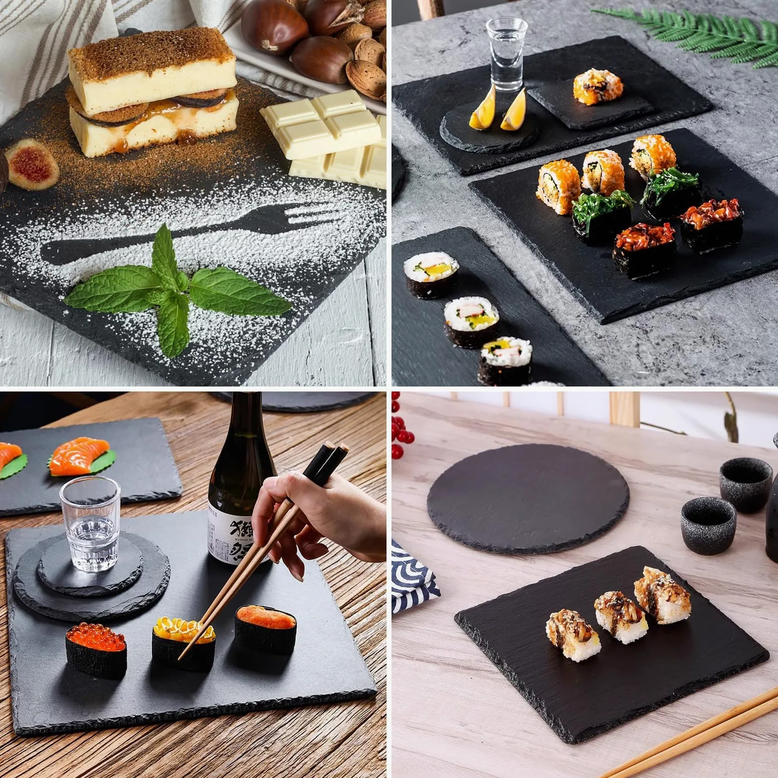 YAYODS 3 placas de pizarra 30 x 30 cm – Platos cuadrados de pizarra natural – Bandeja grande de pizarra – Bandeja para servir buffet, sushi, queso – para servir, servir y como decoración