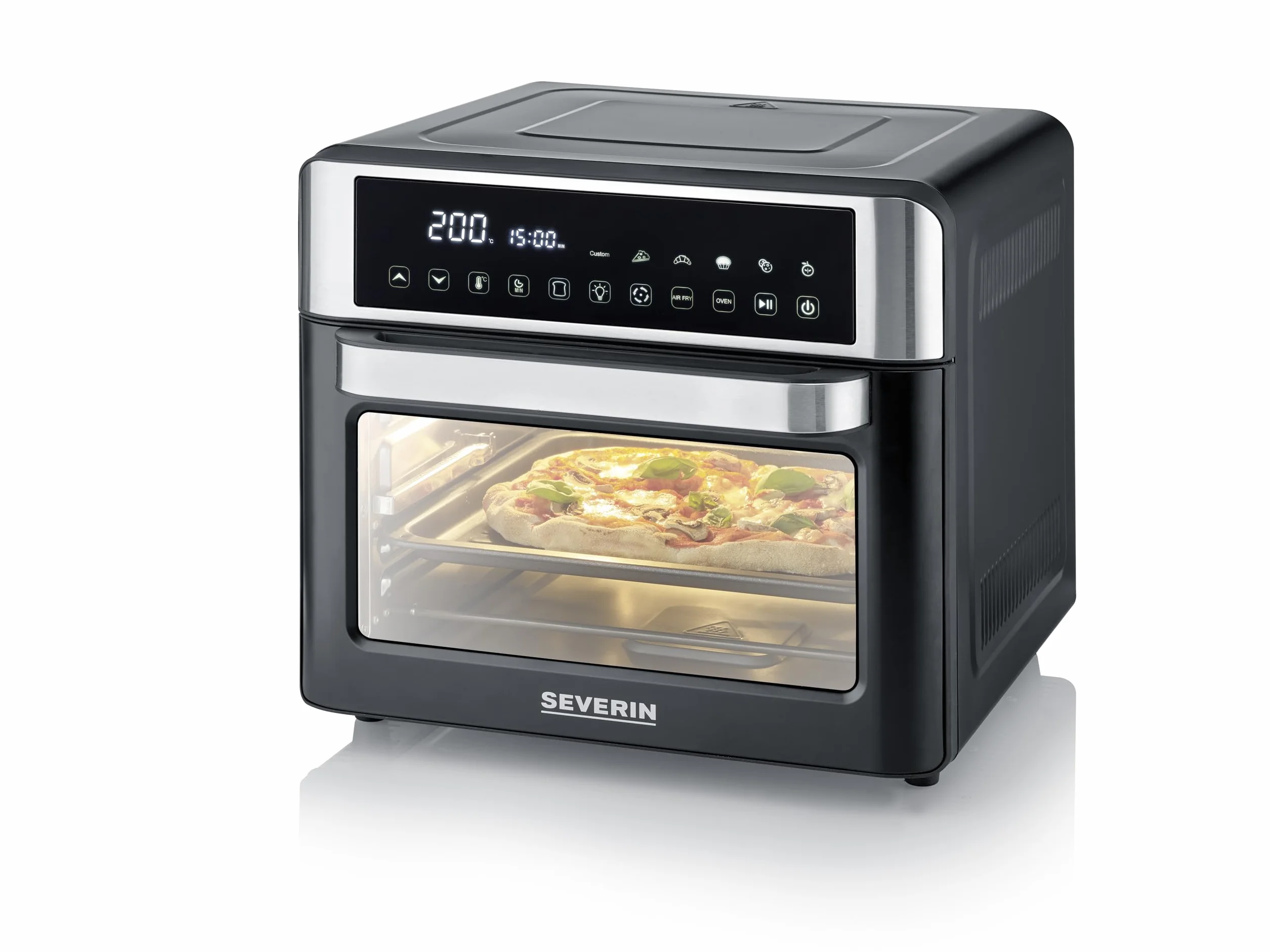 Severin Horno de sobremesa 2-en-1 tostador y freidora sin aceite, 25 L, con pantalla LED, temporizador y 12 programas automáticos; 40-220 °C, 2200 W, negro y plateado, TO 9579