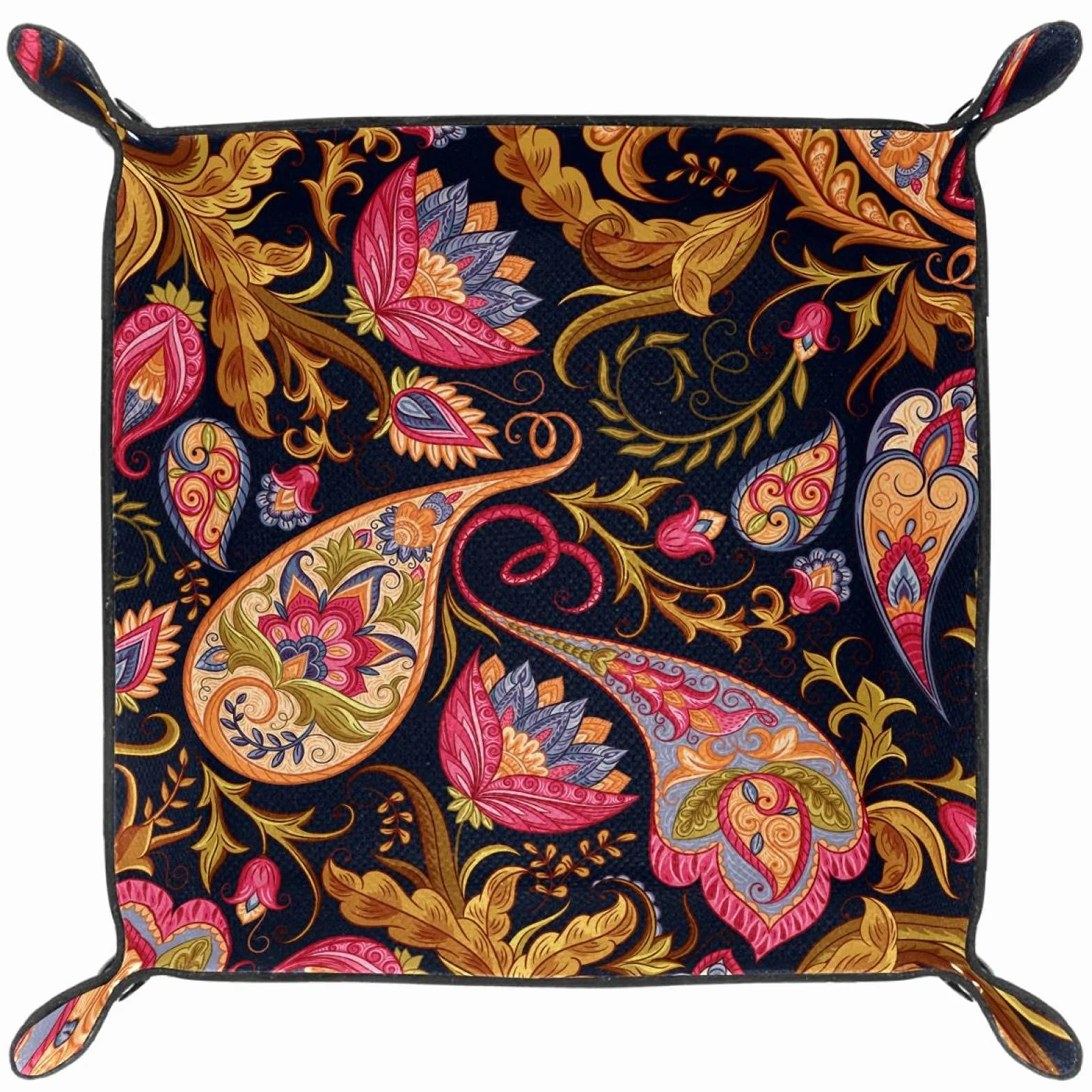 Vendimia Floral Paisley étnico Bandeja de Cuero,Bandeja de Cuero Plegable para Reloj de joyería de Monedas de Llave de Almacenamiento