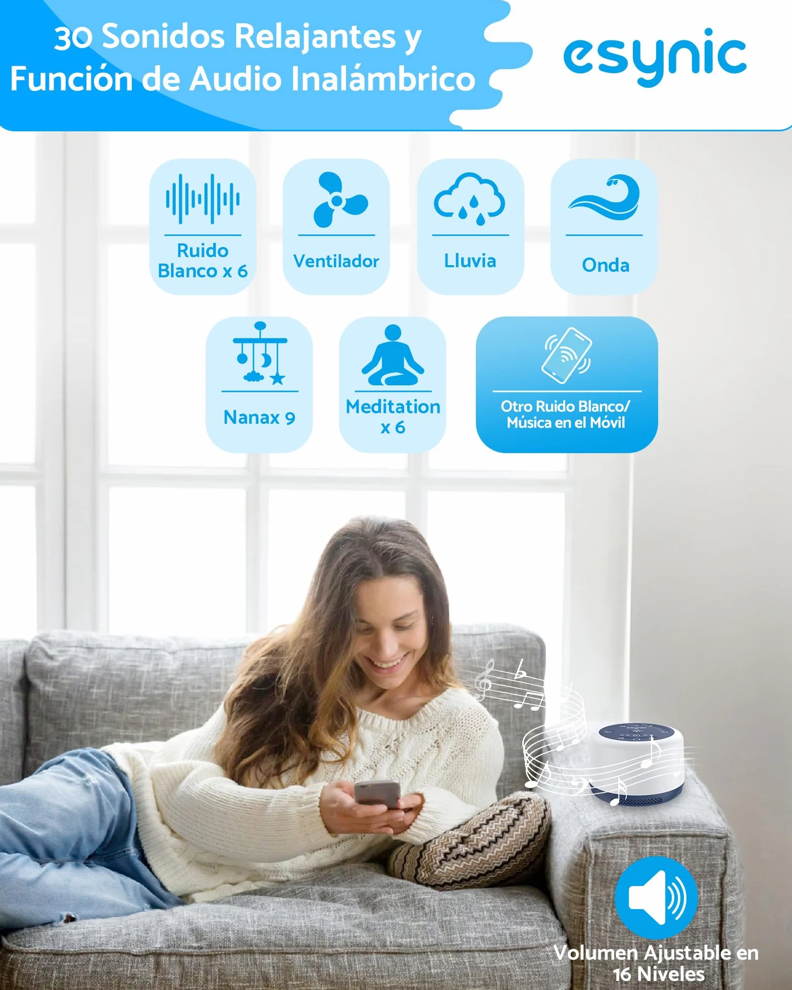 eSynic Máquina de Ruido Blanco Portátil para Dormir Bebé 30 Sonidos Relajantes Luz Nocturna Temporizador Batería
