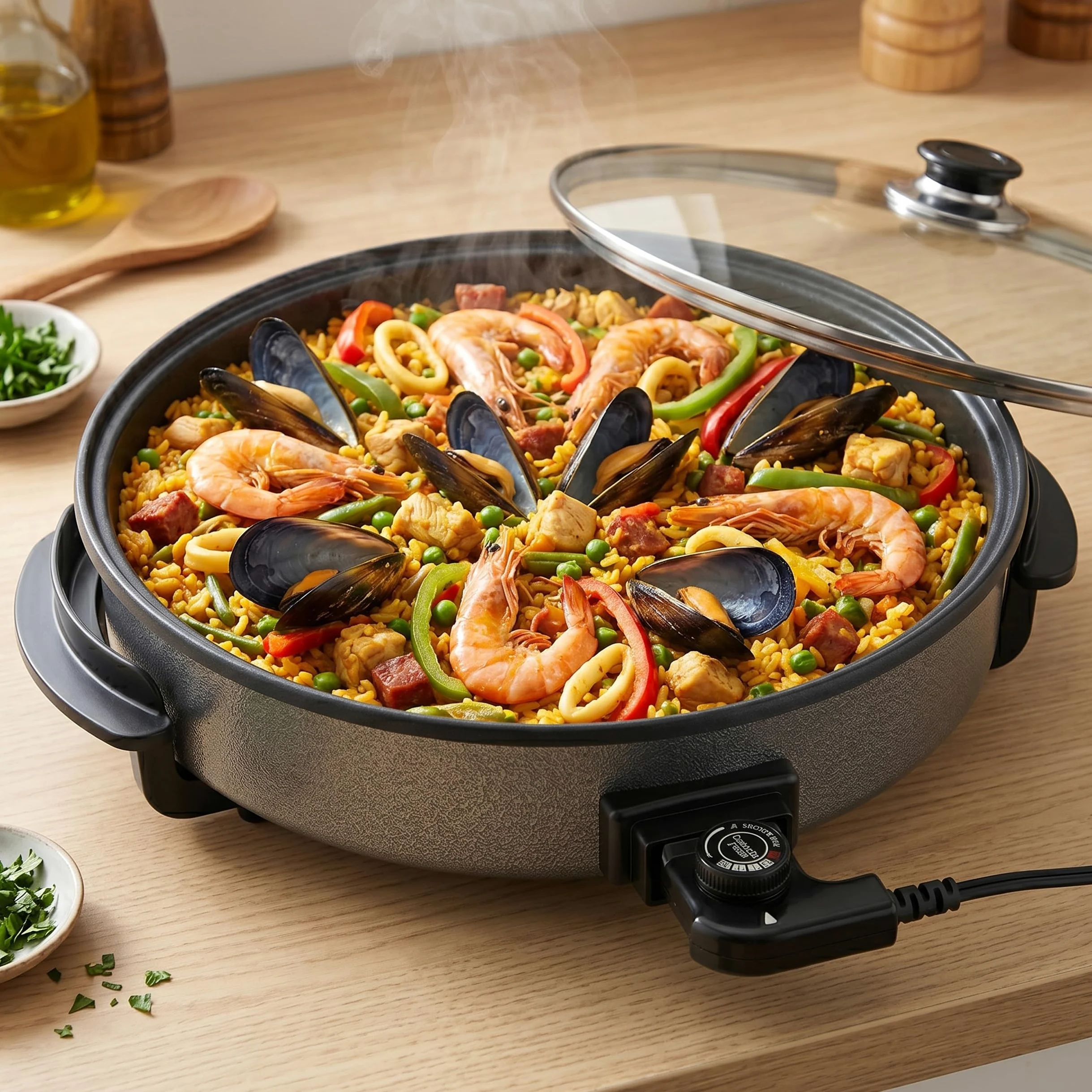 Shov Sartén eléctrica para pizza y multibräter XL – 48 cm de diámetro, 7 cm de profundidad | Sartén antiadherente y tapa de vidrio | 1500 W | Termostato ajustable para pizza, paella, giroscopios y