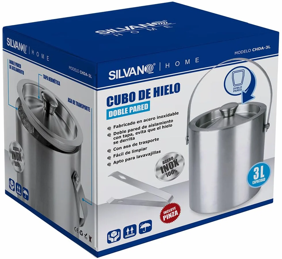 Cubo de Hielo 3L Silvano, Acero Inoxidable, Paredes de Doble Aislamiento, Tapa Hermética, Asa para Transporte, Apto para Lavavajillas, Limpieza Fácil y Simple, Incluye Pinza