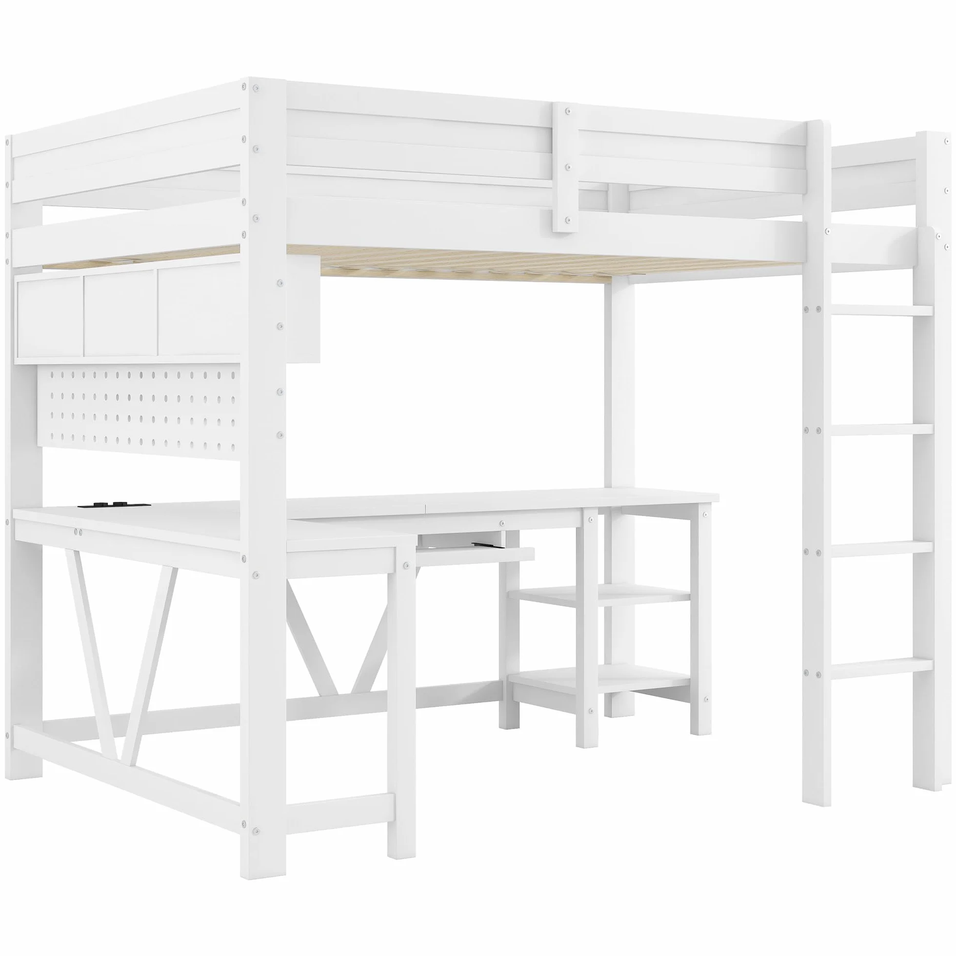 Moimhear Cama alta de madera para videojuegos con escritorio, estantes de almacenamiento, iluminación LED y base de carga, 90 x 200 cm (blanco)