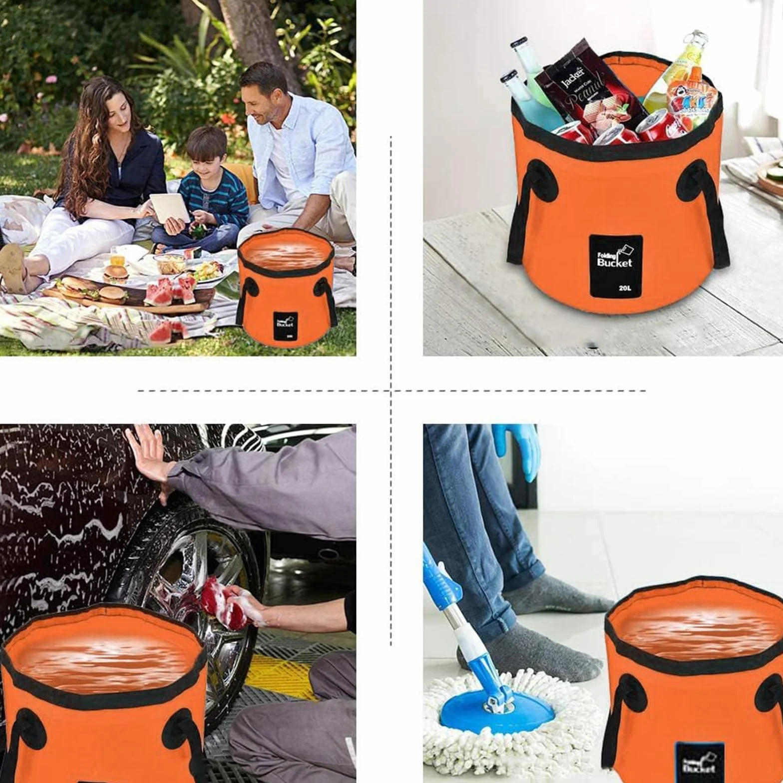 Cubo plegable ultraligero 20L para exterior camping pesca lavado coche naranja