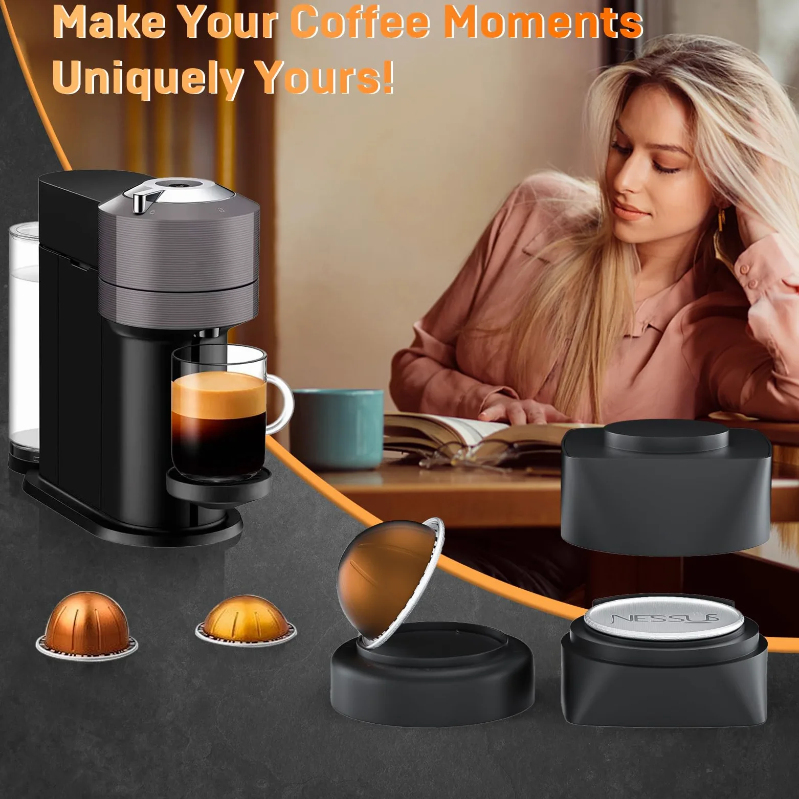 NESSUS Kit de recambio para cápsulas reutilizables Nespresso Vertuo, tapa de apertura rápida para sello original, 50 tapas de papel de aluminio, soporte de cápsulas Vertuo recargables y cepillo