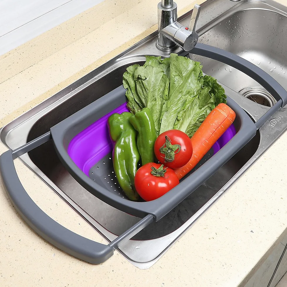 Colador plegable Qimh, colador de cocina, colador de verduras, coladores de frutas, coladores con asas extensibles, colador plegable apto para lavavajillas para cocina, 6 cuartos de galón, sin BPA