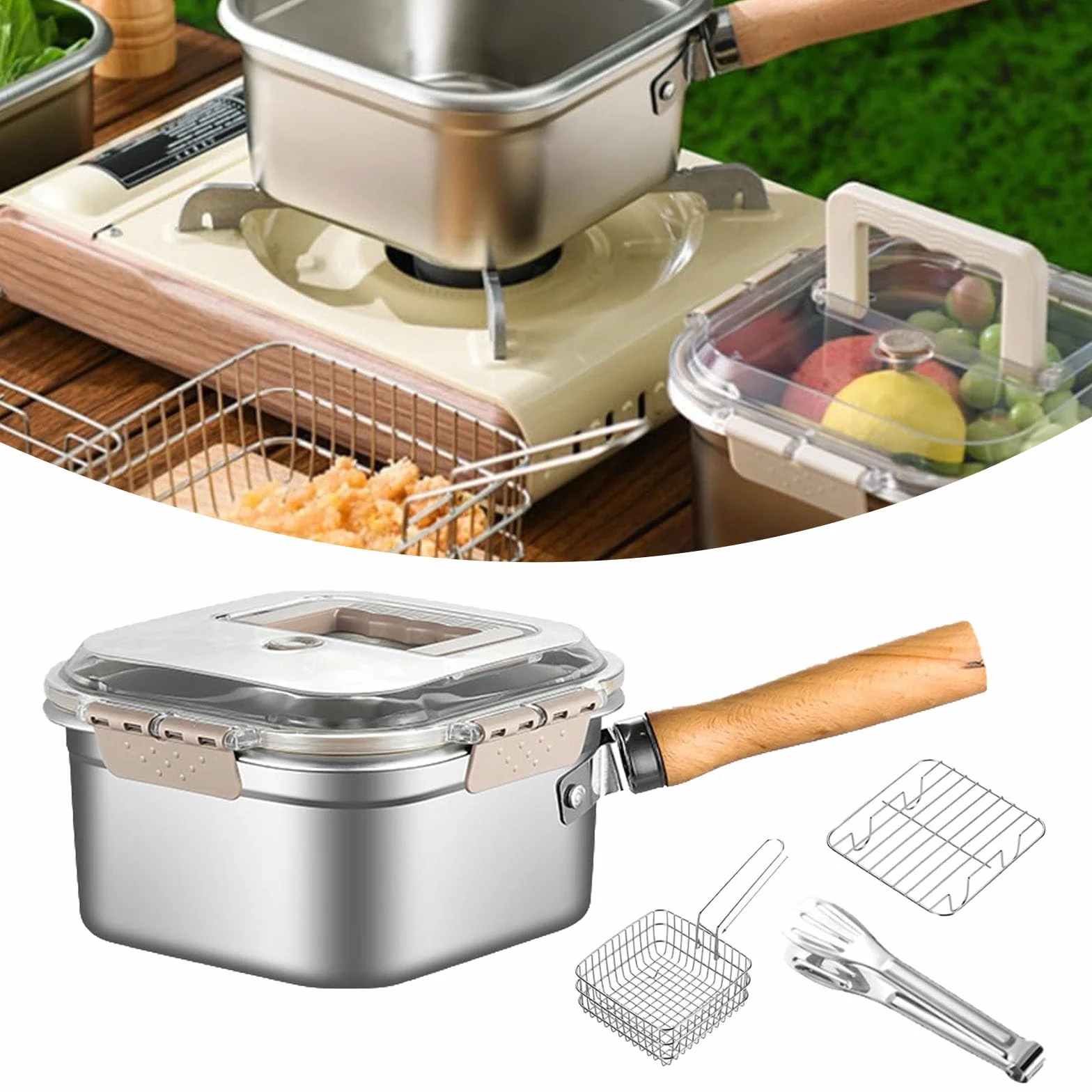 Juego de cocina multifunción – Freidora, olla de acero inoxidable con cesta, olla portátil de acero inoxidable para exteriores con cesta para freír