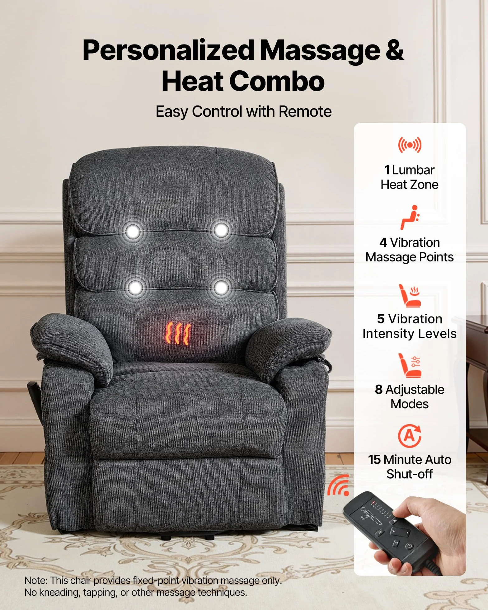 VEVOR Sillón Relax Reclinable Eléctrico, Sillón Reclinable Levantapersonas, con Reposapiés Calefacción Masaje Mando a Distancia Bolsillos Laterales, Tela Chenilla, para Salón Dormitorio, Gris Oscuro