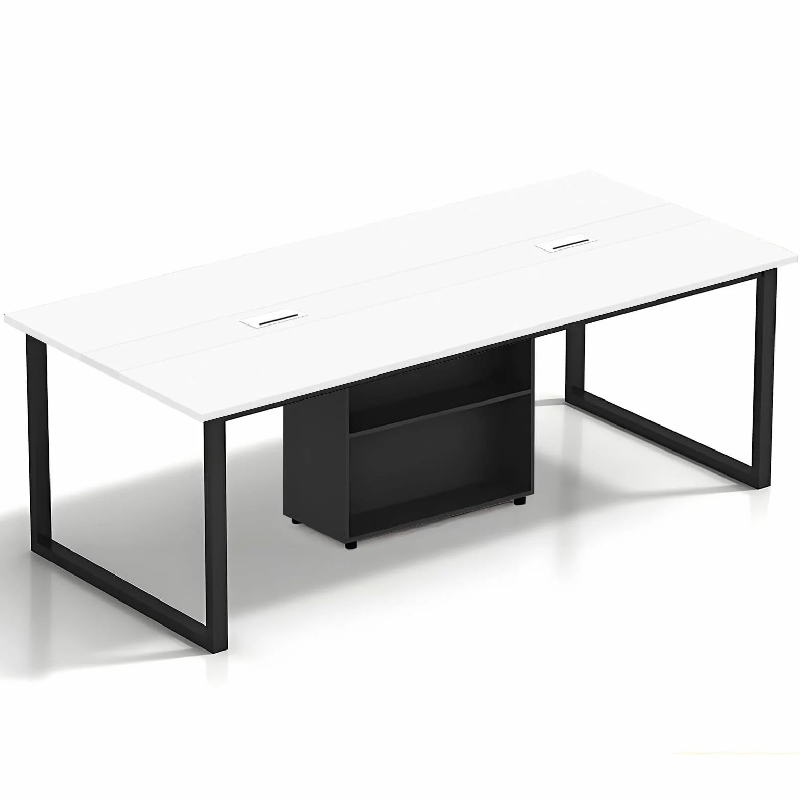 Mesa de Conferencias Grande con Módulo de Almacenamiento — Mesa de Reuniones Moderna 8–12 Personas, Estructura Metálica Negra, Ideal para Oficinas, Salas de Reuniones y Seminarios
