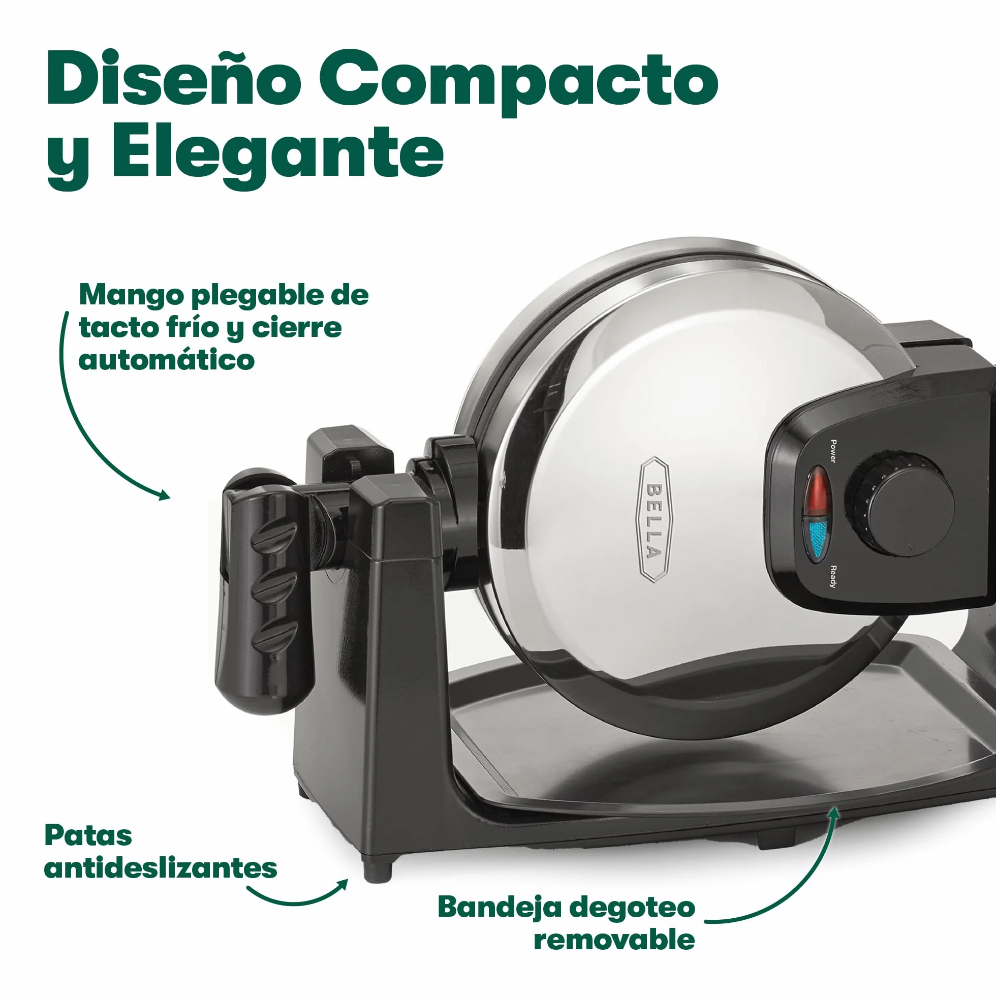 bella Gofrera para gofres belgas giratoria clásica con placas antiadherentes, bandeja de goteo extraíble, control de dorado ajustable y asas de tacto frío., Acero inoxidable