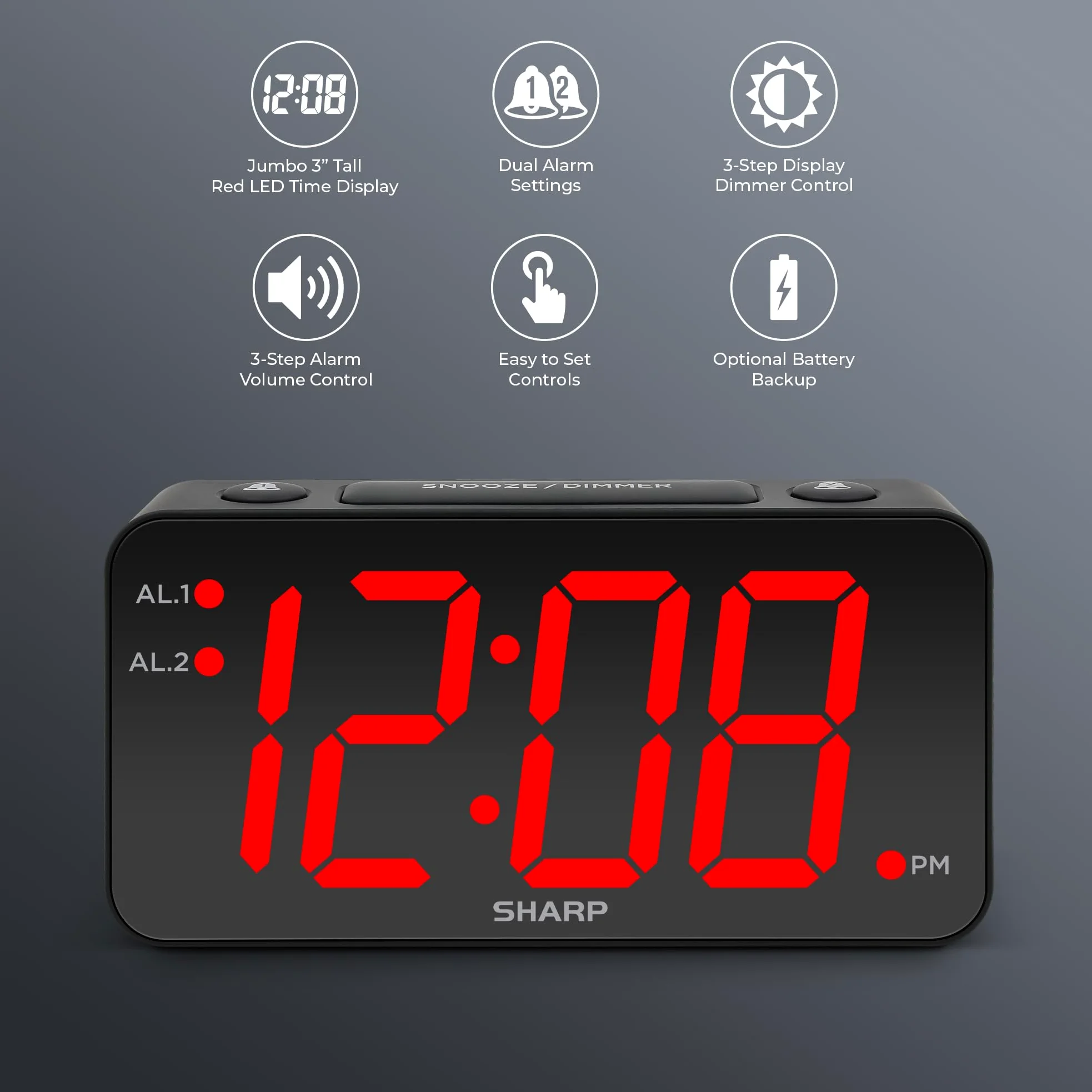 Sharp Reloj Despertador Digital con números Gigantes, fácil de Ver, Grande en Cualquier Lugar, operación Simple, batería de Respaldo, Caja Negra, Pantalla LED roja