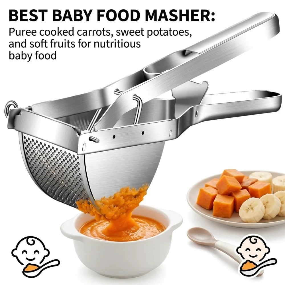 Prensador de patatas de acero inoxidable con raspador de masa, exprimidor para puré de papas, triturador profesional, herramienta de cocina, prensa de frutas, triturador de alimentos para bebés,
